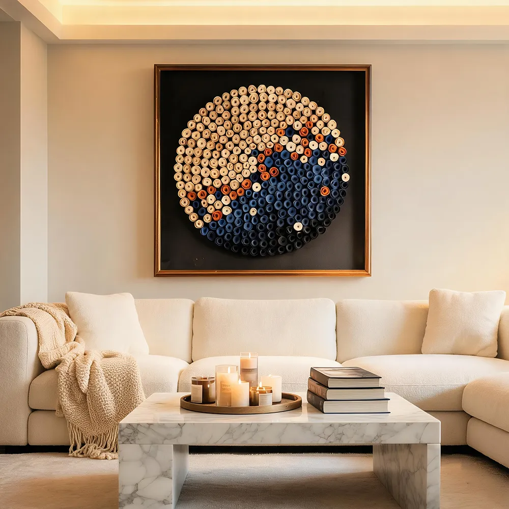 Modern minimalist living‑room, circular 3D wall art made of rolled shape components, solid wood frame, cream fabric sofa, marble coffee table, residential home interior decor
