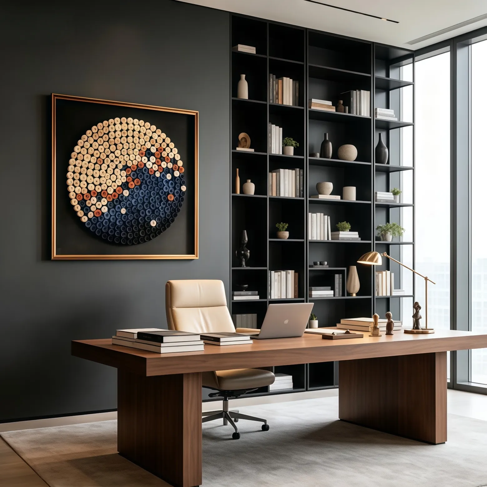 Modern executive office interior, dark grey wall, circular stacked rolled‑shape components 3D wall art, walnut desk, open bookshelf, floor‑to‑ceiling window, commercial office decor