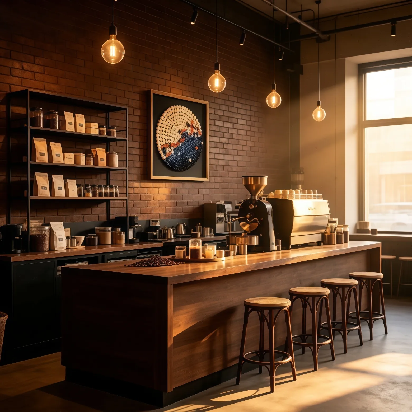 Industrial‑style cafe interior, red brick wall, circular 3D wall hanging with rolled‑shape components, vintage bulb pendants, wooden bar counter, coffee machine, retail shop decor