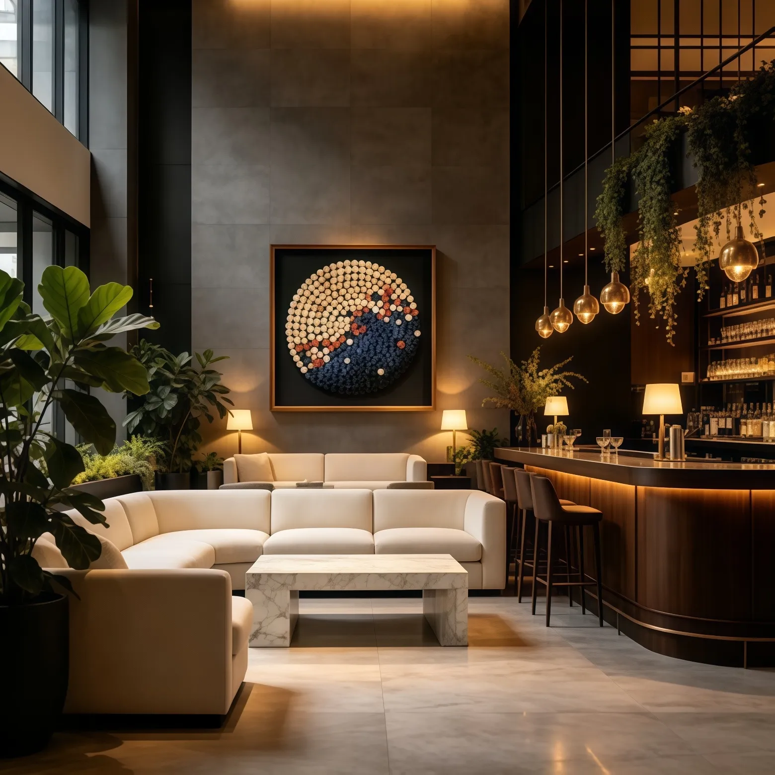Modern hotel gallery lobby, curved white wall, circular stacked rolled‑shape components wall art, track spotlights, green plant landscape, minimalist black bench, public area interior