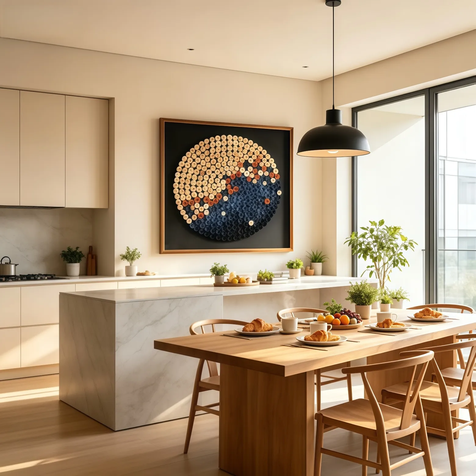 Modern home dining kitchen area, cream cabinetry, circular wall art with rolled‑shape components, solid wood dining set, black pendant lamp, residential dining interior