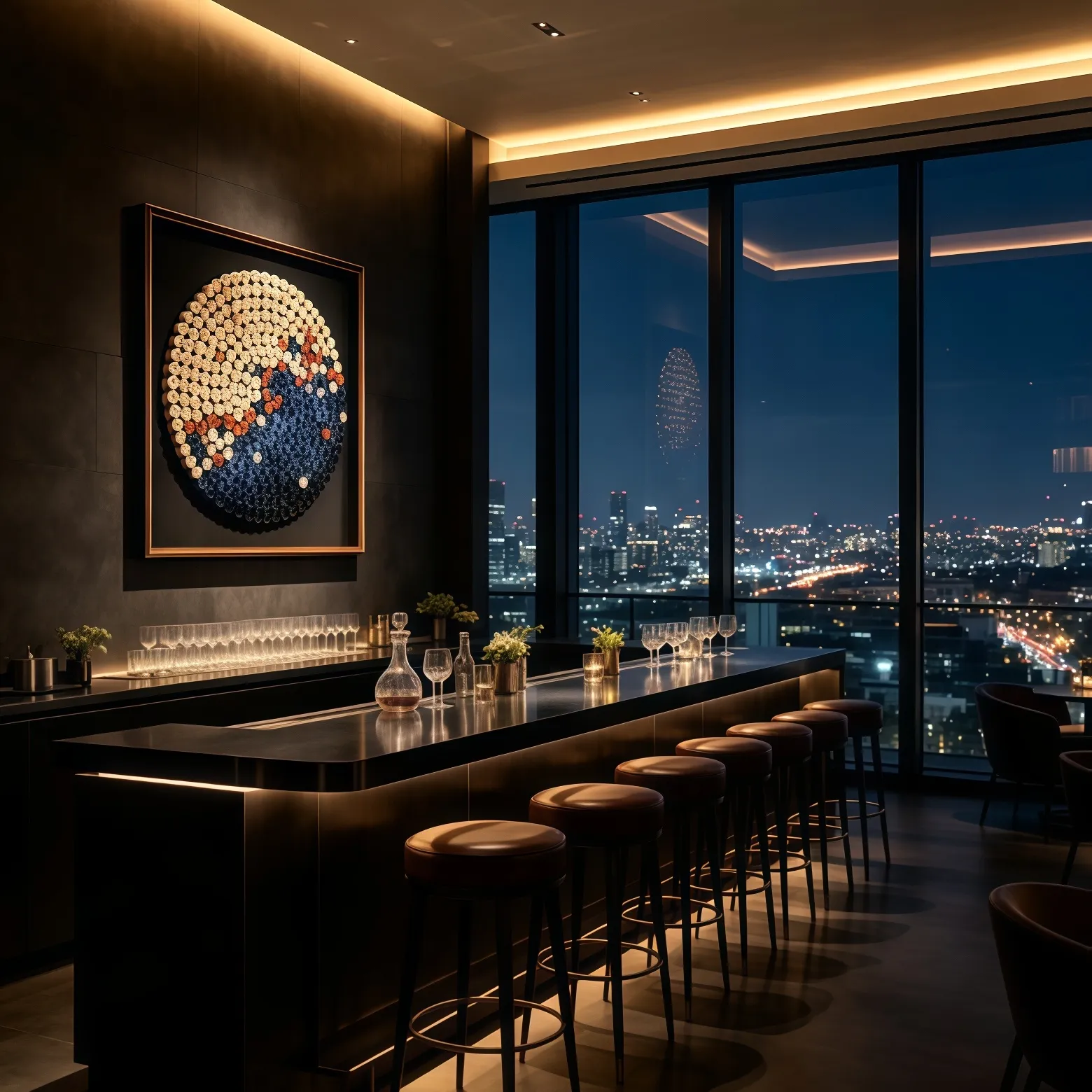 Luxury hotel lounge lobby, large stone tile wall, circular 3D wall art of rolled‑shape components, modular sofa, metal pendant lamps, high‑ceiling commercial space