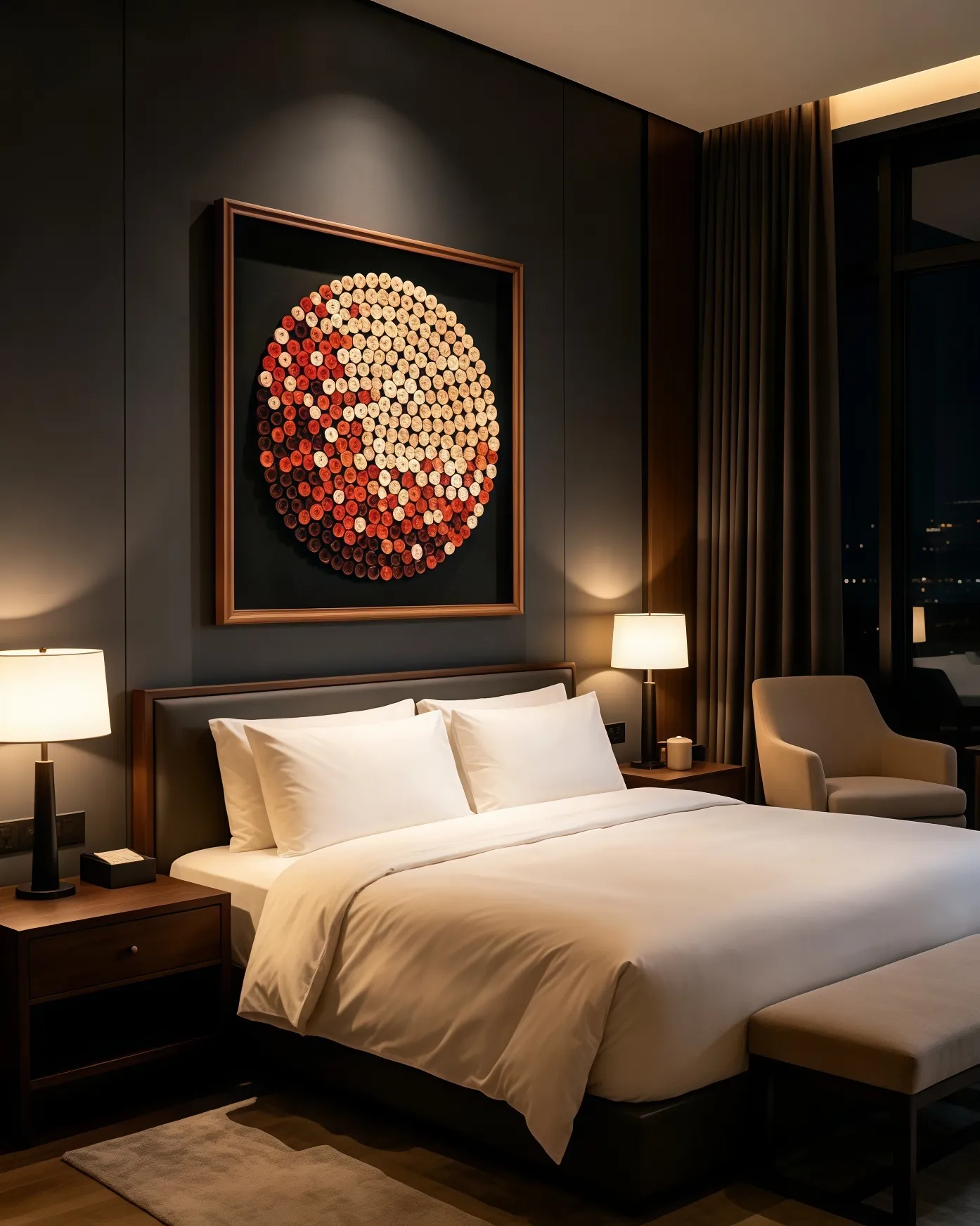 Modern hotel guest room, dark wood panel wall, king‑size bed, circular rolled‑structure 3D wall art, hotel room furnishing project real case