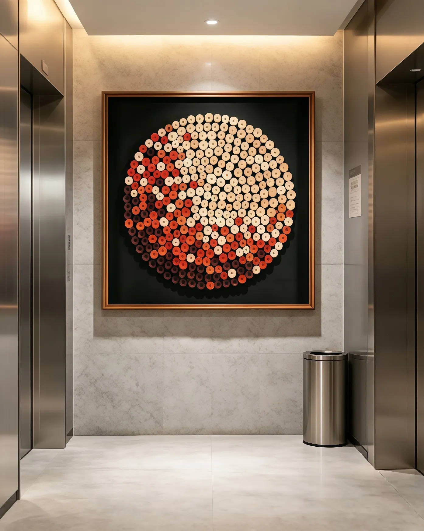 Hotel elevator lobby public area, marble tile wall, circular rolled‑structure 3D wall decor, downlight lighting, hotel public‑zone interior case