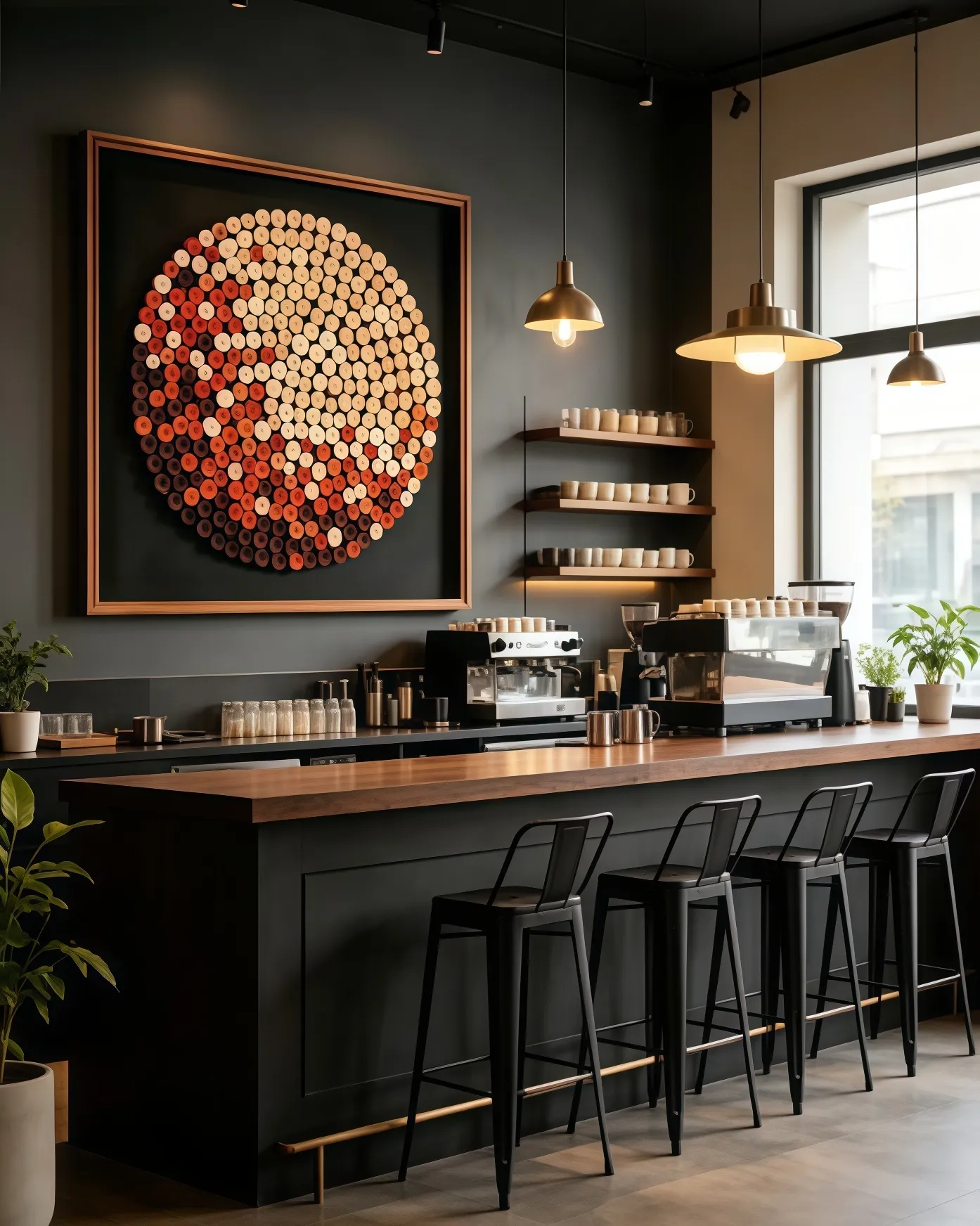 Real scene of industrial‑style cafe interior, dark wall, wooden bar counter, circular rolled‑structure 3D wall art, commercial hospitality decor project
