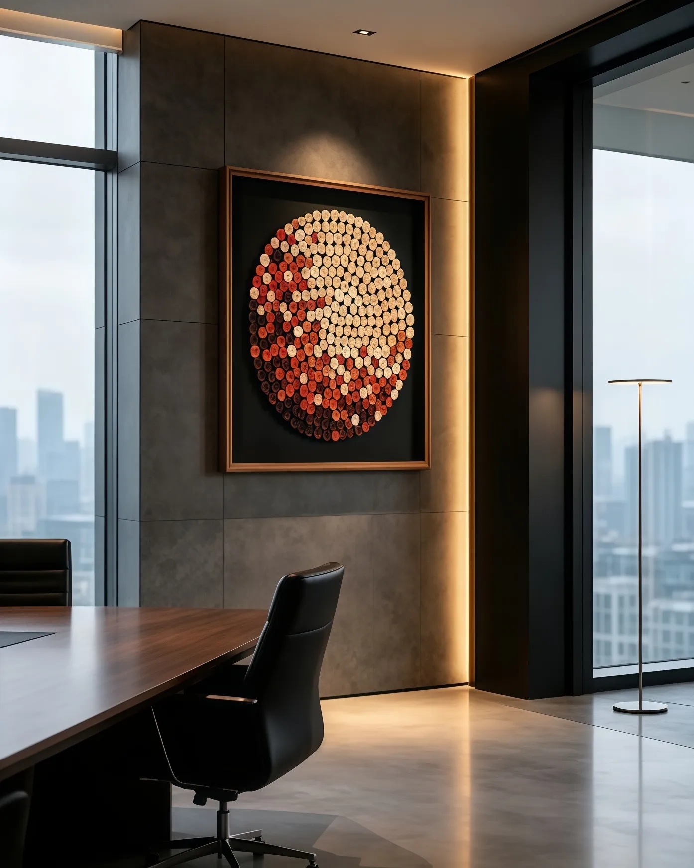 Modern high‑rise office meeting room, stone cladding wall, floor‑to‑ceiling window, circular rolled‑structure wall art, commercial office interior project