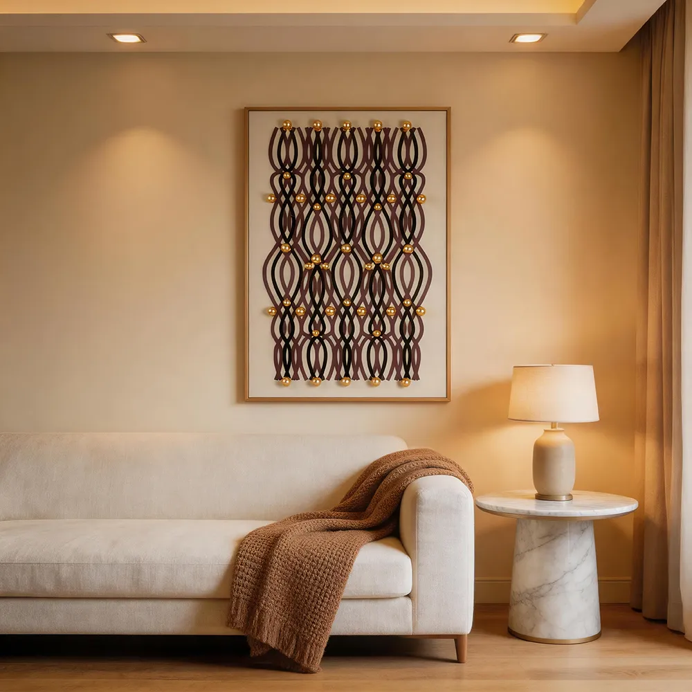 Living Room Sofa Wall — Classic dark brown + gold color scheme, paired with beige fabric sofa and marble side table — just the right amount of luxury. Spotlights hit the 3D spheres, creating rich light and shadow layers.