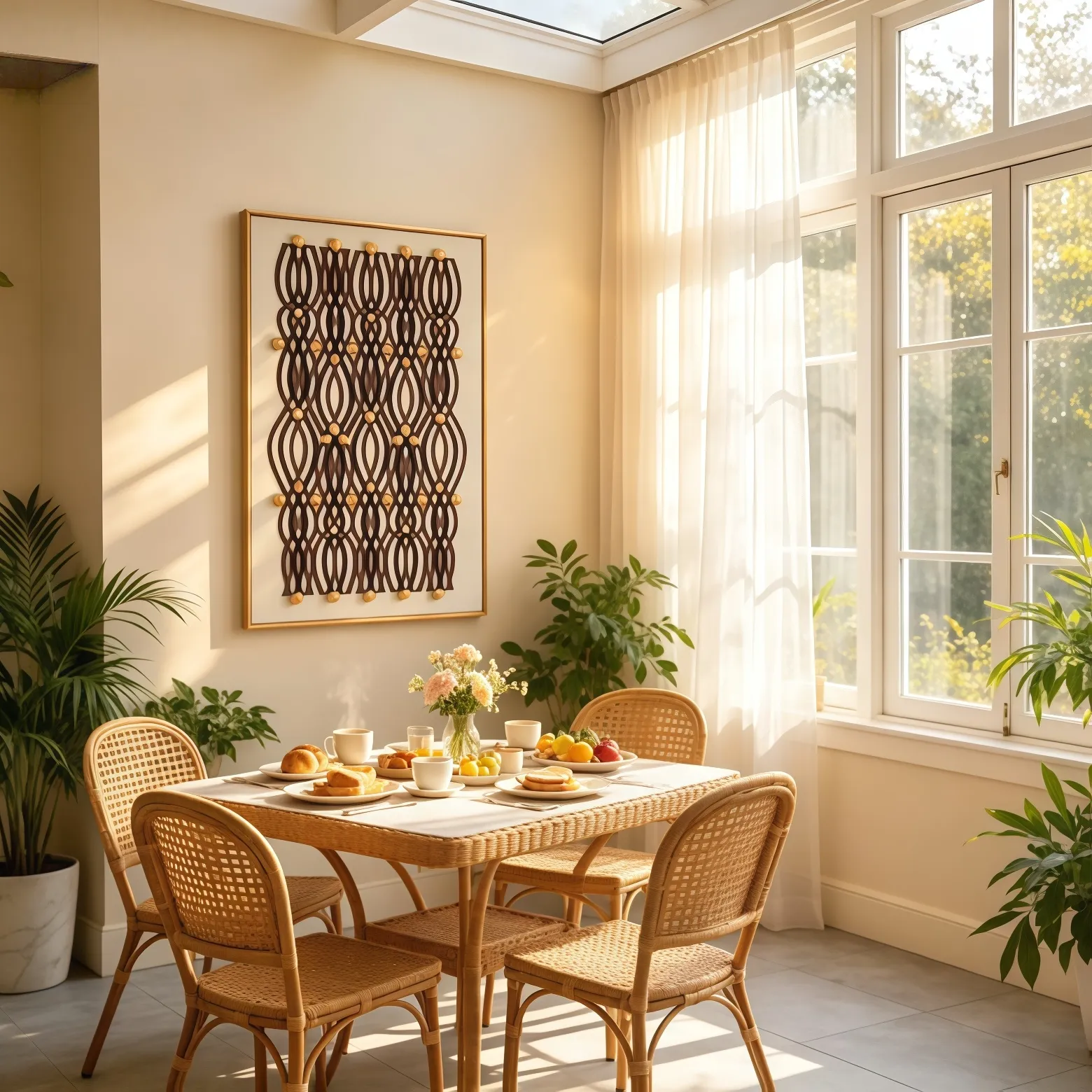 Sunlit Dining Room — Dark walnut finish with gold spheres. Natural sunlight brings out the warm wood grain. Rattan furniture echoes the wood texture, creating a cozy dining atmosphere.