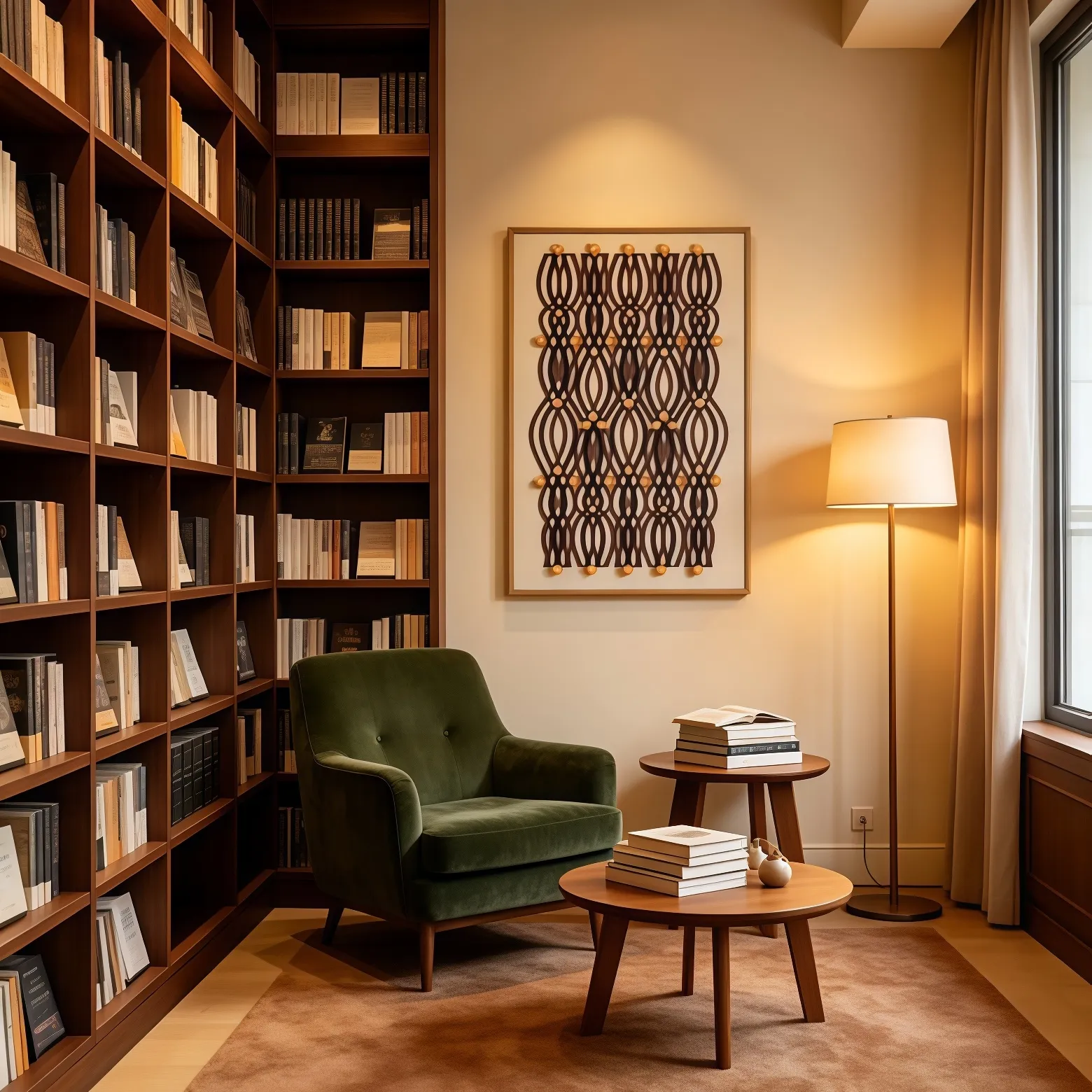Study / Reading Nook — A wooden wall art next to floor-to-ceiling bookshelves instantly doubles the scholarly atmosphere. Dark walnut matches the solid wood bookshelves, and the green velvet chair adds a pop of color — the whole space feels calm and tasteful.
