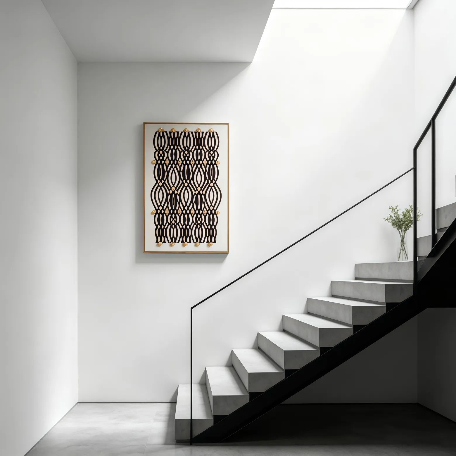 Minimalist Staircase — The all-black version of the wall art looks exceptionally premium against pure white walls and concrete stairs. The light-shadow contrast from skylight natural light gives the black hollow pattern an even more sculptural quality — a must for minimalism lovers.