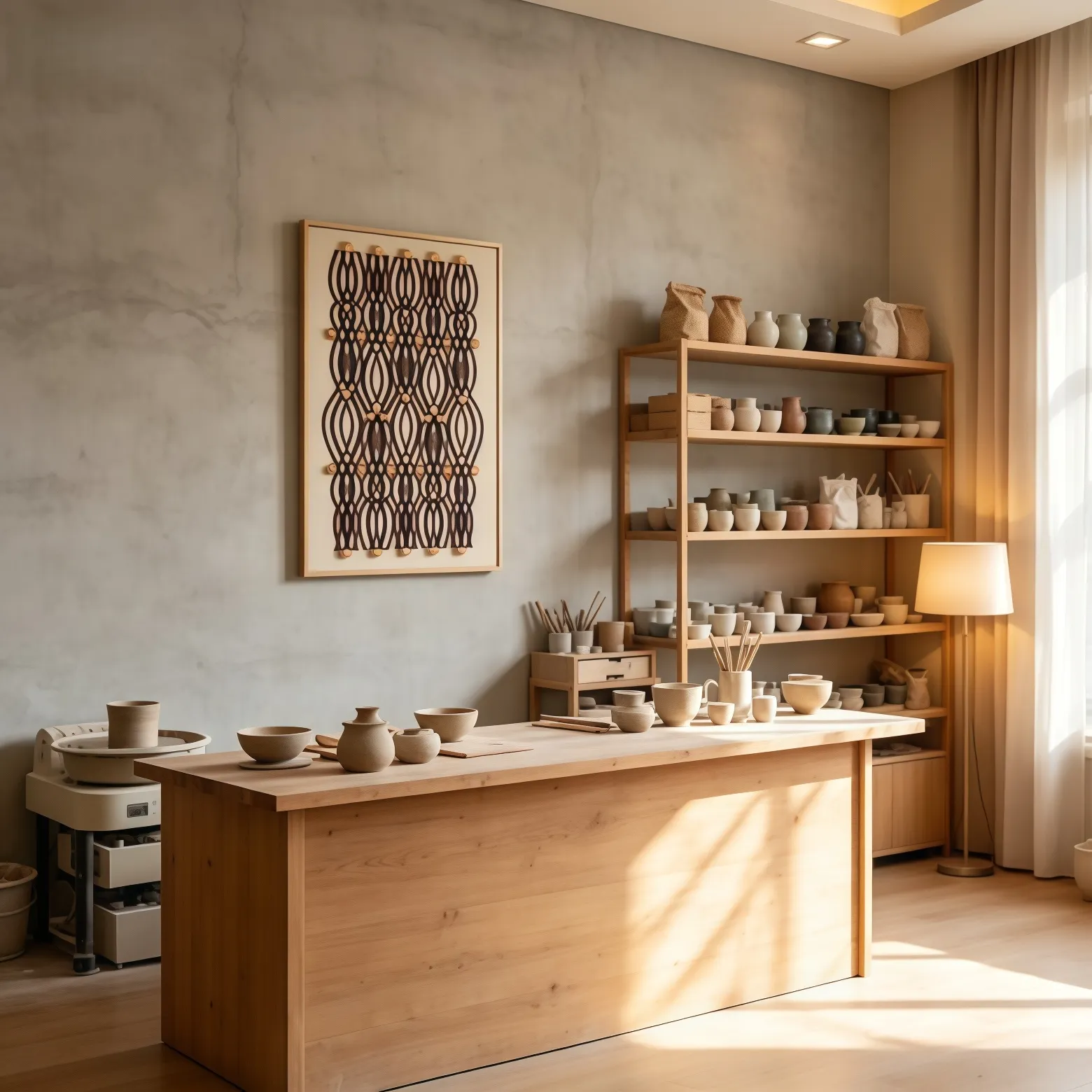 Pottery Studio — Against a gray concrete wall, the wooden art becomes the visual focal point. Handcrafted ceramics perfectly match the artisanal quality of the hollow wood carving, full of artistic vibe.