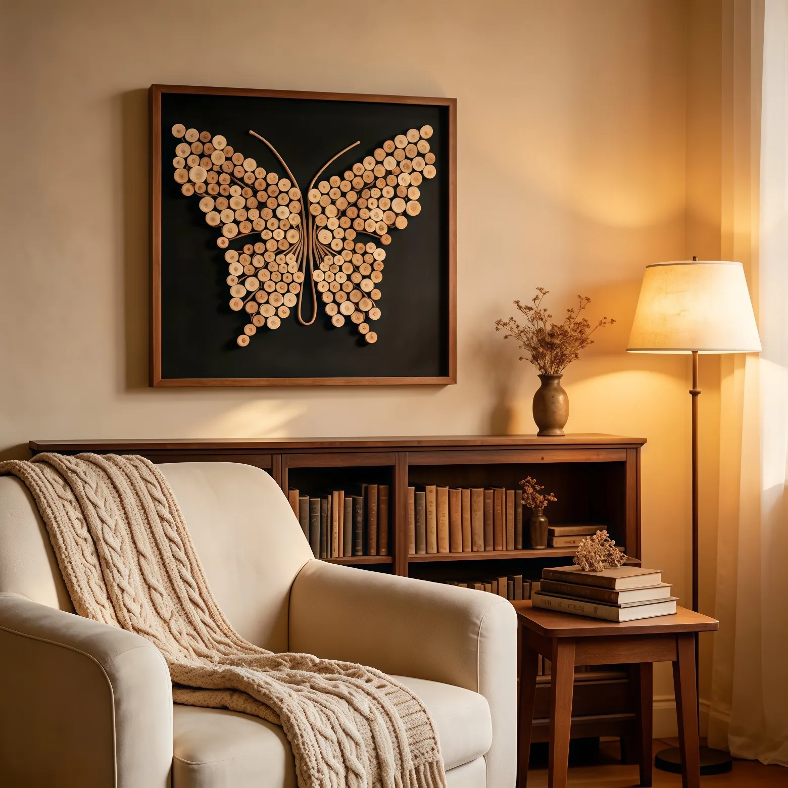 Hand‑made wooden butterfly wall art in living room with bookcase background, floor lamp, knit throw blanket, cozy mid‑century home styling