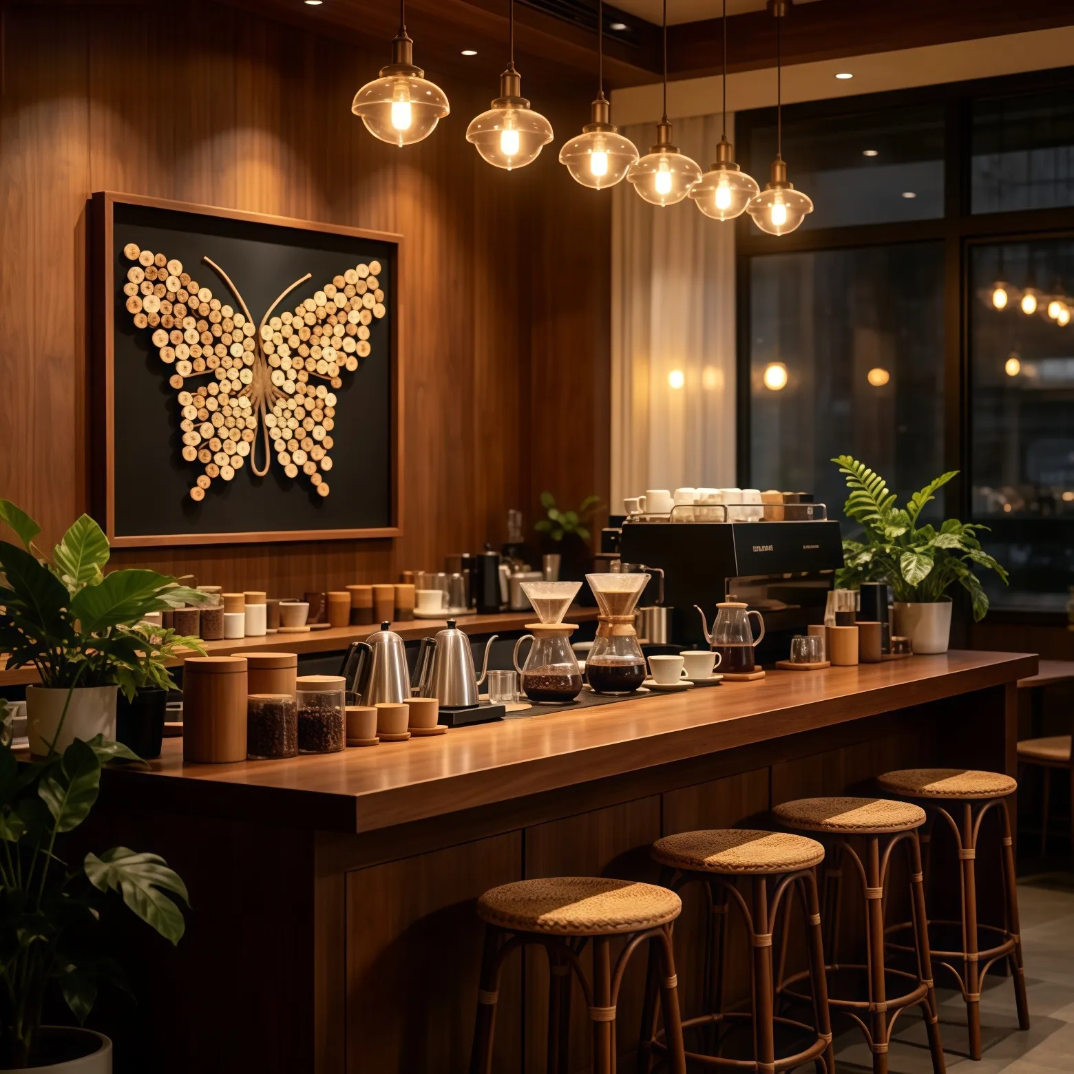 Wooden butterfly framed wall art in coffee shop interior, wooden bar counter, vintage pendant lights, green plants, commercial café wall decoration render