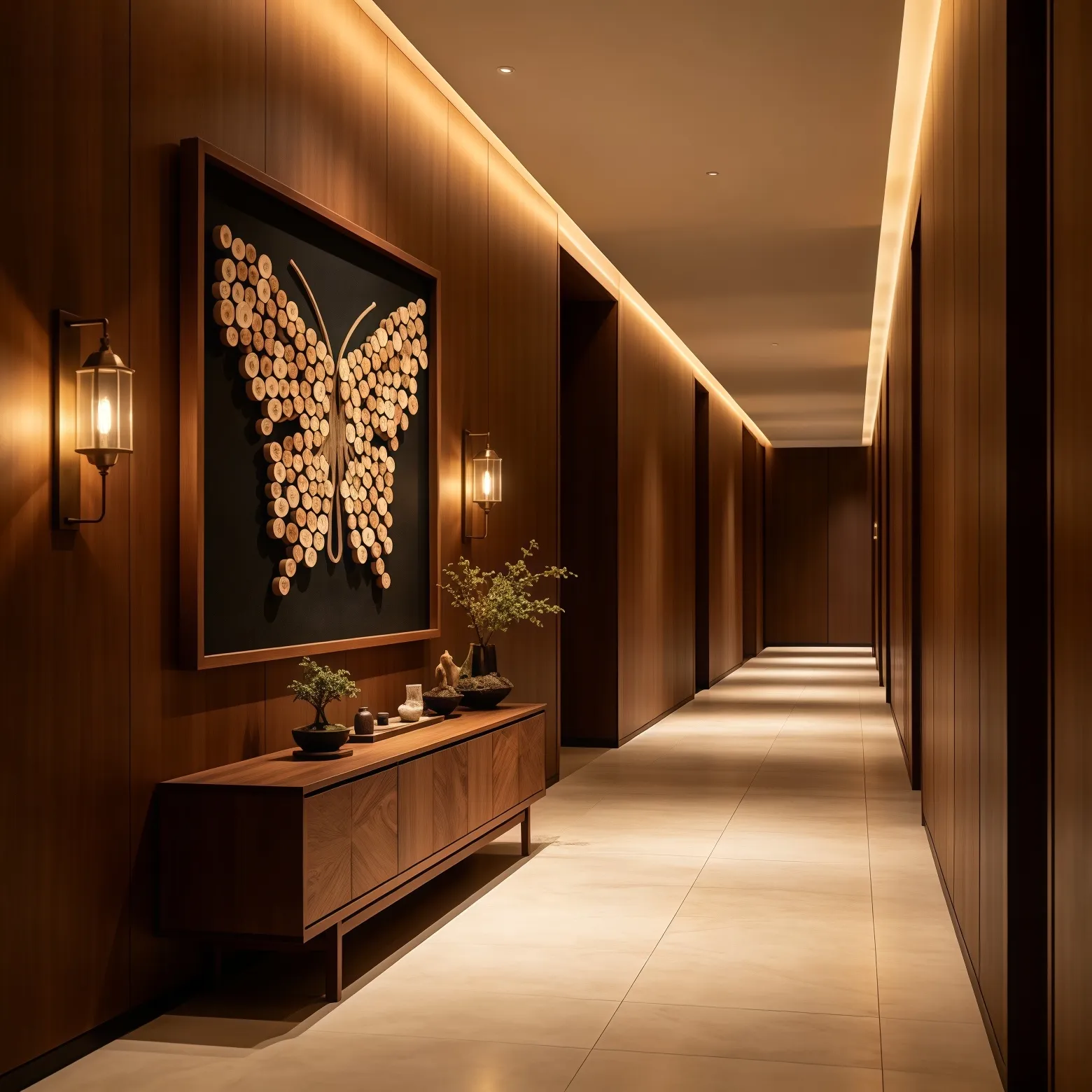 Wood slice butterfly wall decor hanging on hotel corridor wood panel wall, wall lamps, modern hotel hallway interior soft furnishing effect