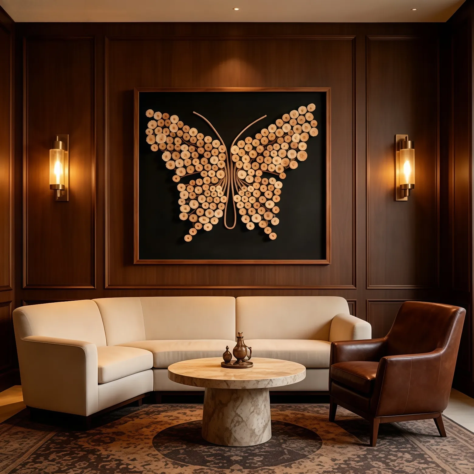 Handmade wood butterfly 3D framed wall art in dark wood panel living room, leather sofa, marble coffee table, retro luxury club interior wall decoration