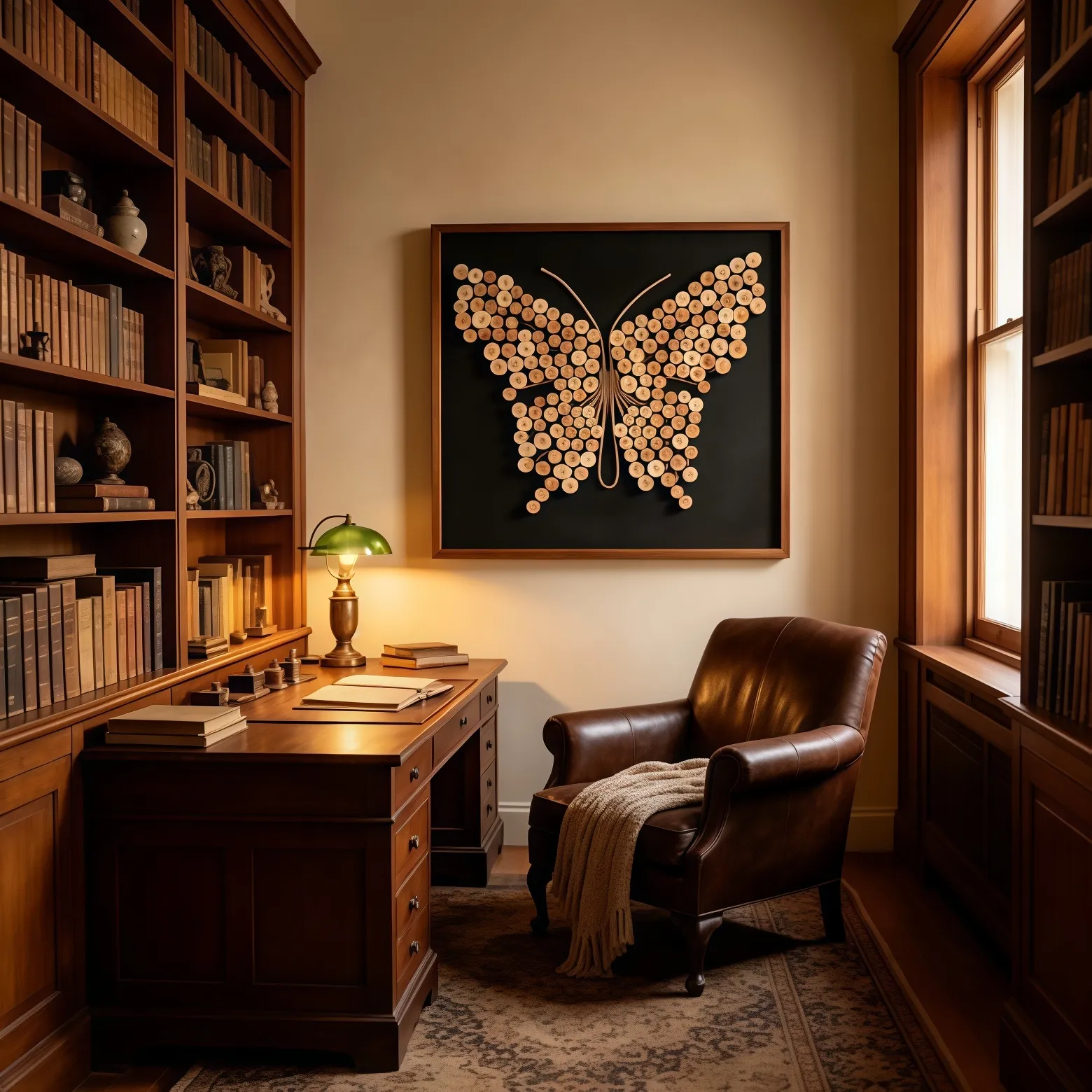 Hand‑made wooden butterfly wall art in living room with bookcase background, floor lamp, knit throw blanket, cozy mid‑century home styling