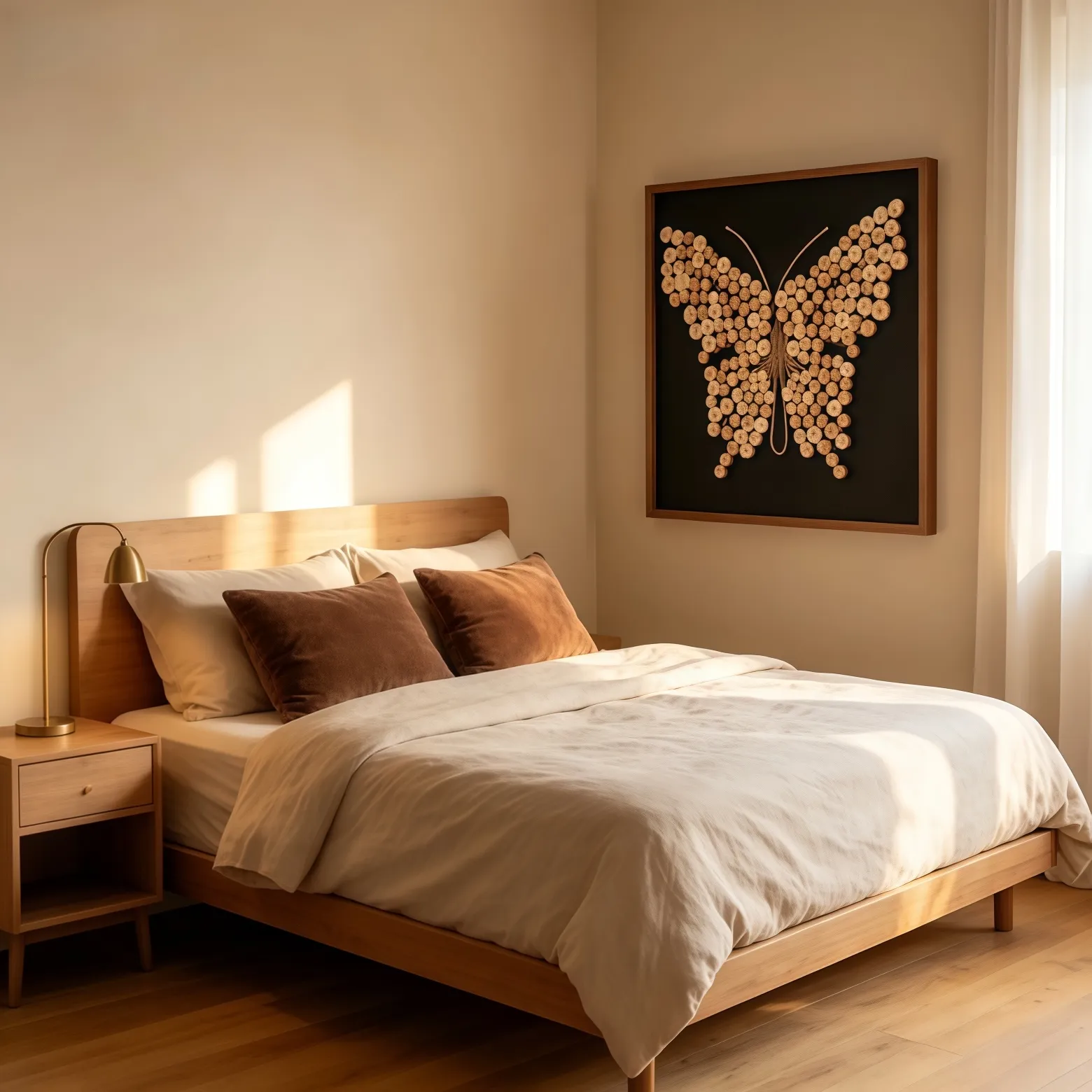 Wood slice butterfly framed wall art in wood‑style bedroom, light linen bedding, natural sunlight, homestay bedroom wall decoration render