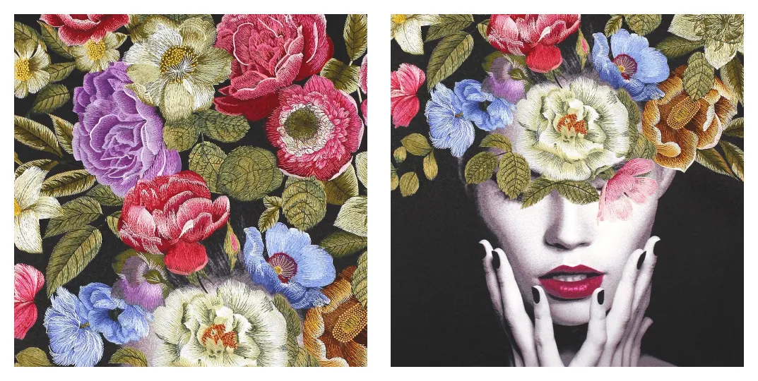 dark luxury wall art floral portrait embroidery texture painting 2026 home trends entryway statement art dining room decor living room gallery wall independent designer art customizable artwork room127 https://www.room127.com