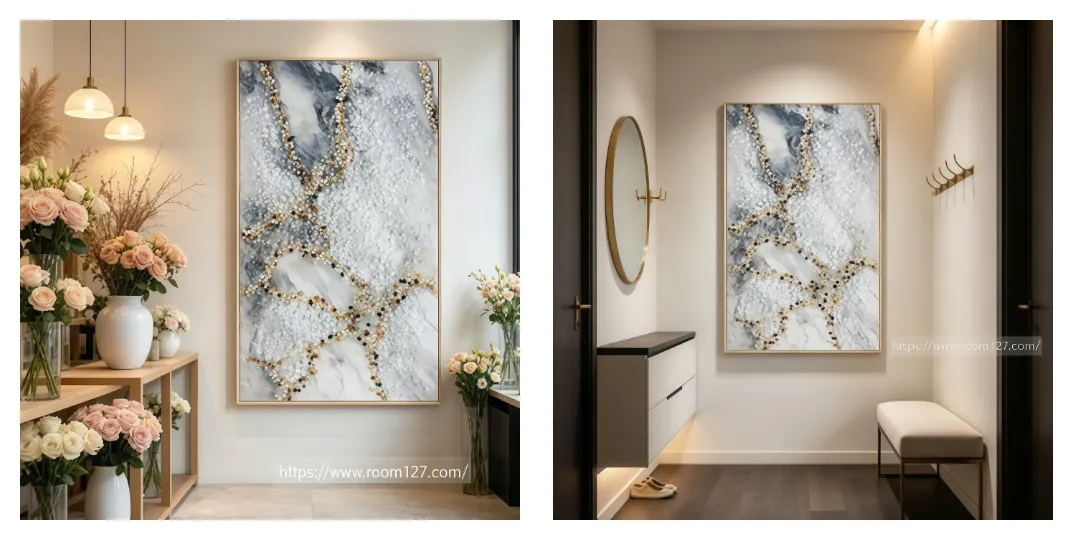 https://www.room127.com wall art styling tips marble pattern artwork crystal stone inlay luxury entryway decor bathroom wall art commercial space art lighting for artwork customizable art interior texture room127