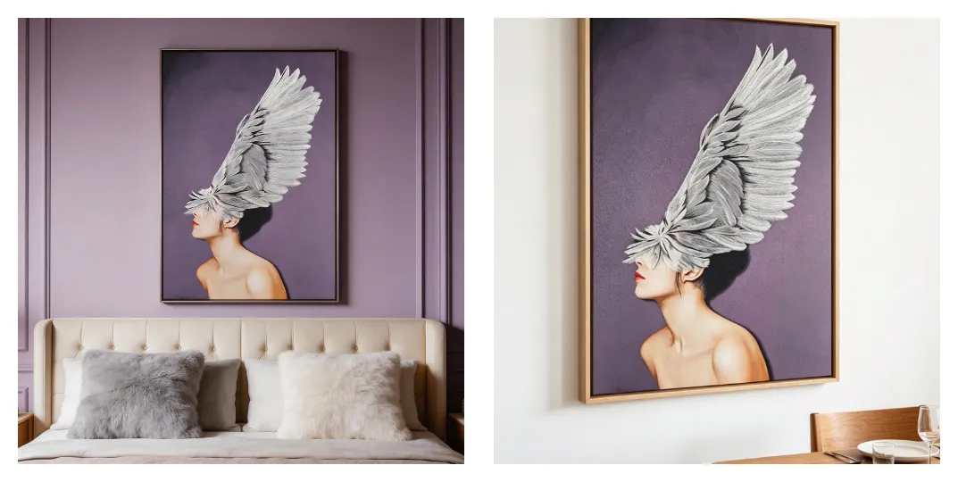 2026 decor trends embroidered portrait art feather figure painting quiet luxury interiors white wall styling textured wall art customizable styles contemporary artwork room127
