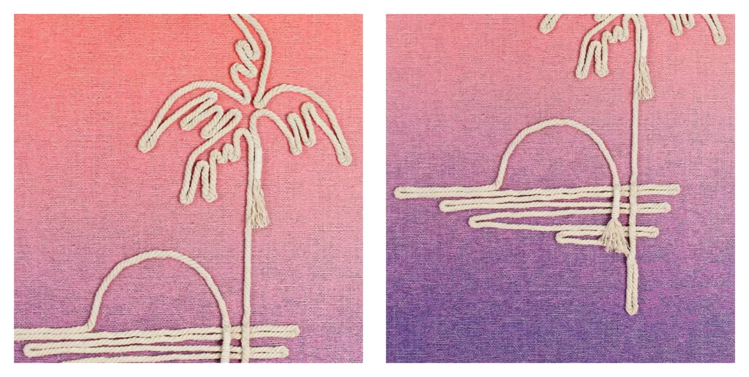 custom wall art, rope wall art, palm tree painting, sunset wall art, bohemian wall decor, tropical home decor, coastal wall art, handcrafted wall art, made to order art, room127, https://www.room127.com