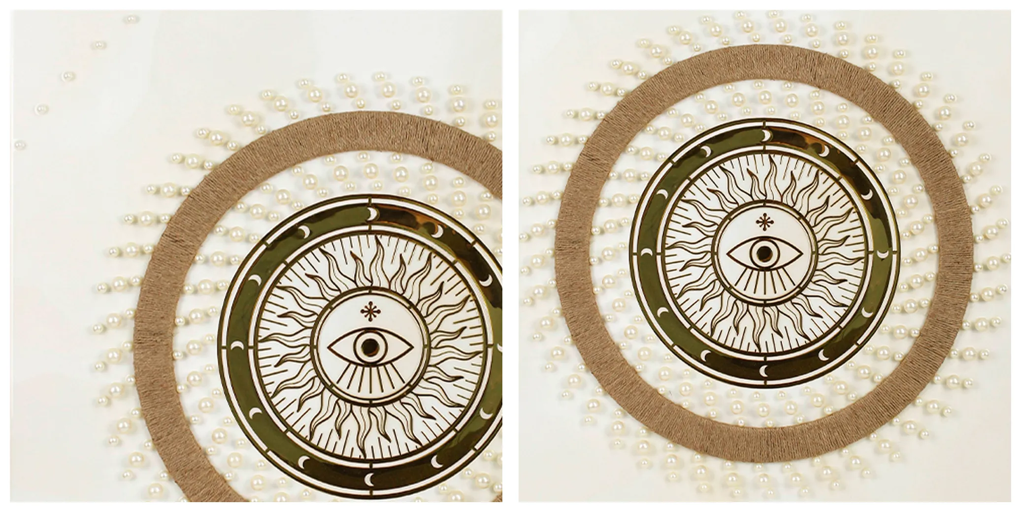 evil eye wall art, bohemian textured painting, jute rope and pearl decor, gold mirror celestial art, sun and moon wall hanging, 80x80 square statement piece, boho bedroom decor, mystical home accent, handcrafted layered art, protective symbol artwork https://www.room127.com