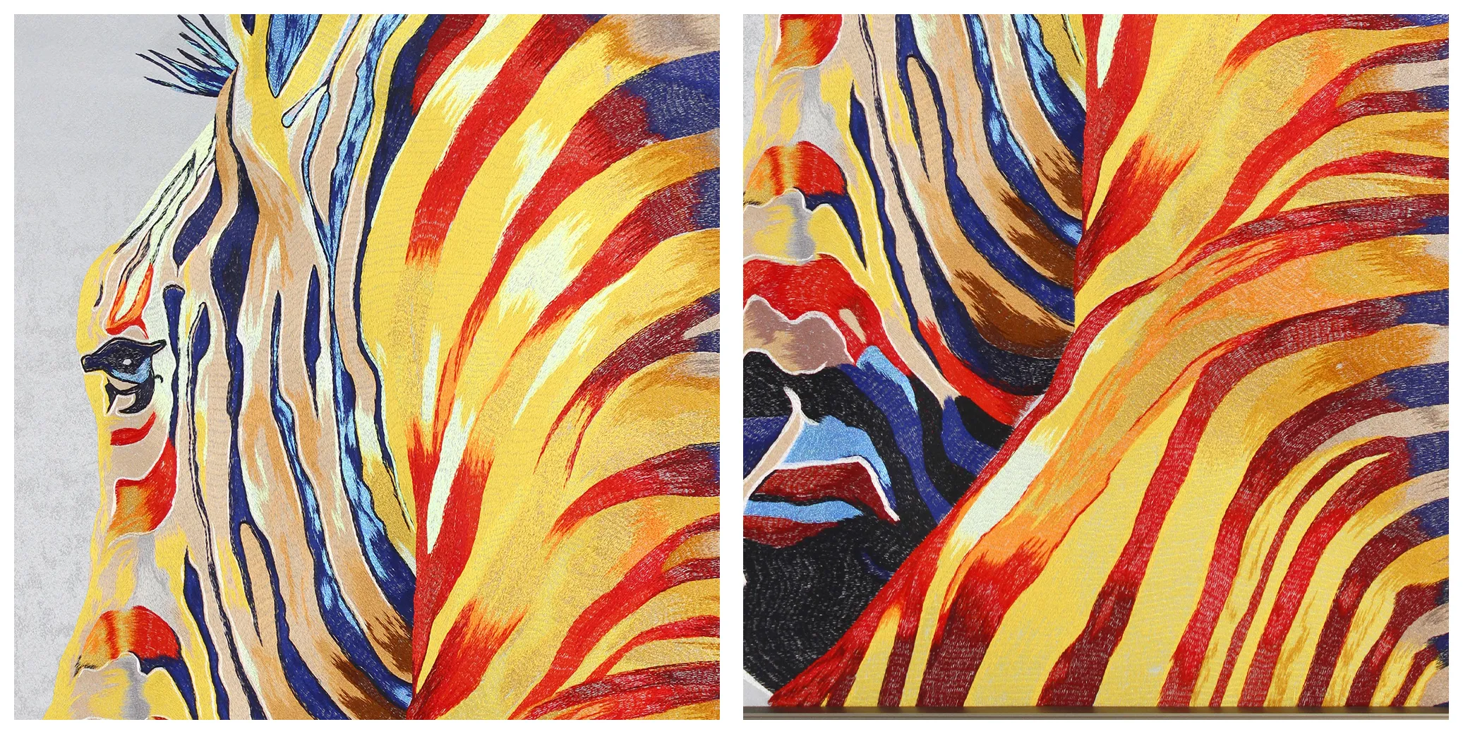 2026 wall art trends, textured embroidery wall decor, vibrant zebra animal portrait, statement wildlife painting, modern residential &amp; commercial interior, https://www.room127.com