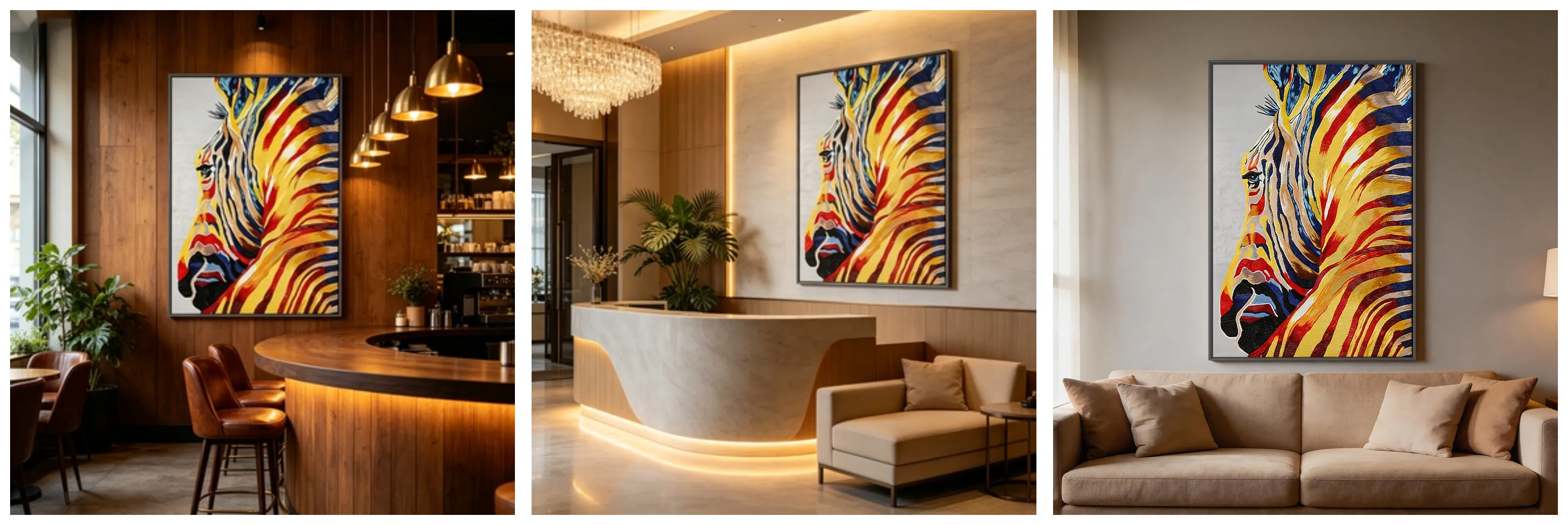2026 wall art trends, textured embroidery wall decor, vibrant zebra animal portrait, statement wildlife painting, modern residential &amp; commercial interior, https://www.room127.com
