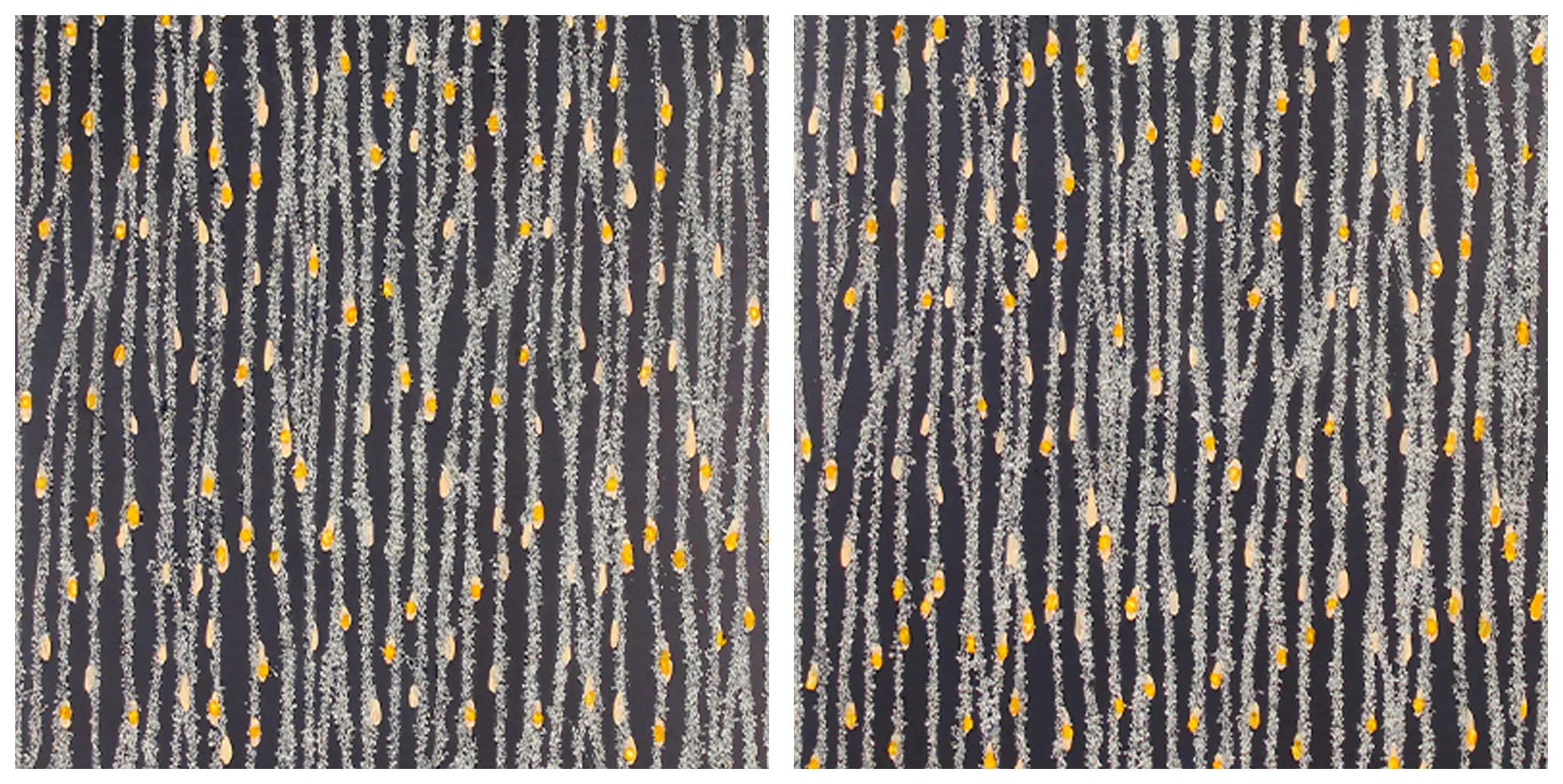 Texture close-up of wall decor, vertical grain and golden speckle craft detail. Close-up texture detail of wall painting, silver vertical lines and golden dots on dark background.