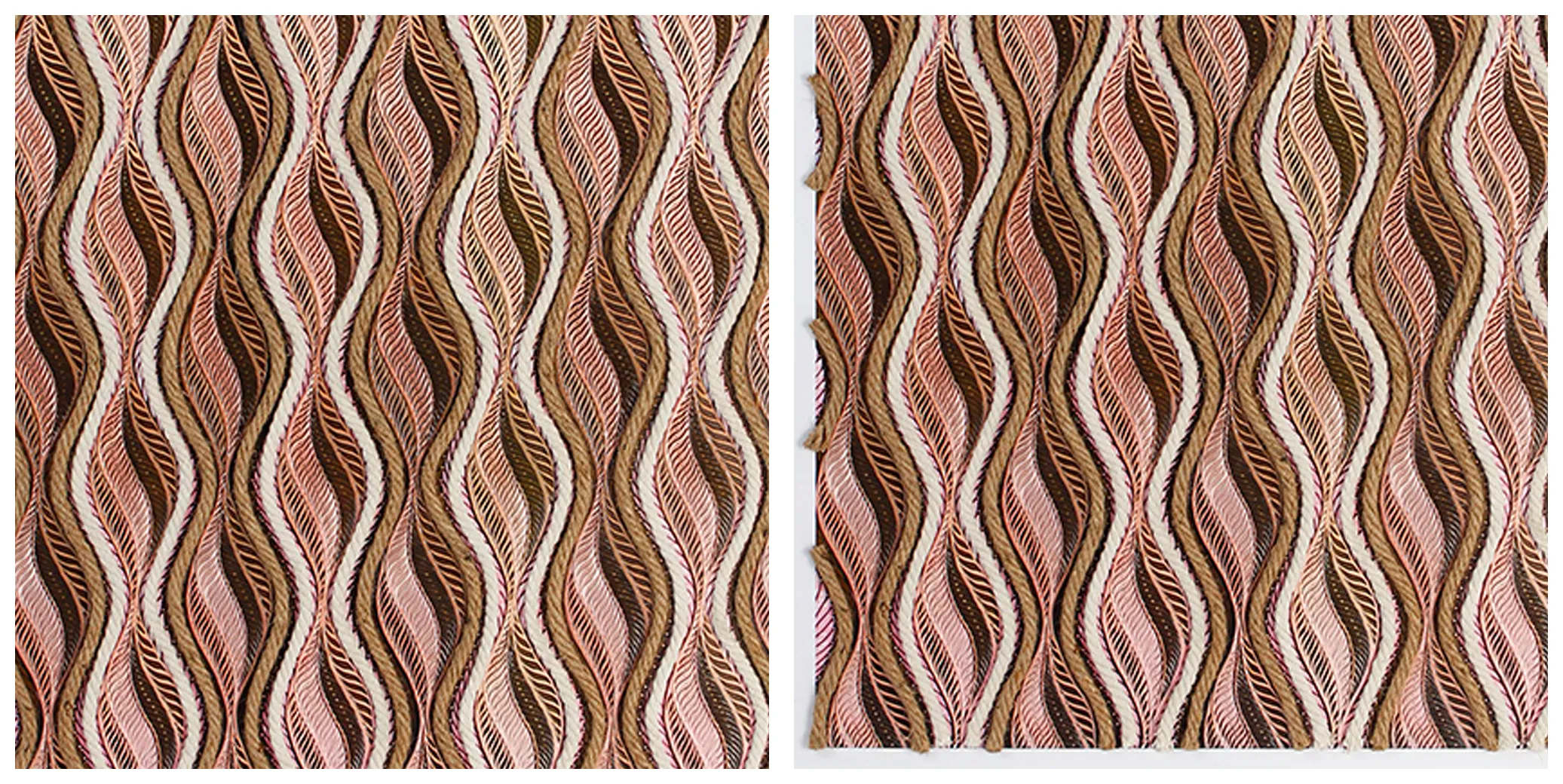 Texture close-up of 3D woven wall decor, natural wave pattern craft detail  Close-up of wave woven wall art, fabric texture detail with pink and brown earth tones