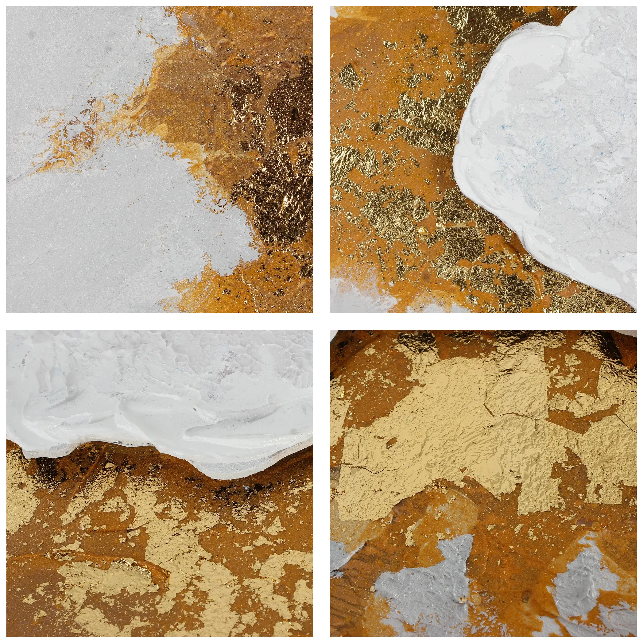 Close-up of impasto texture and gold leaf on abstract river painting, handmade artwork detail