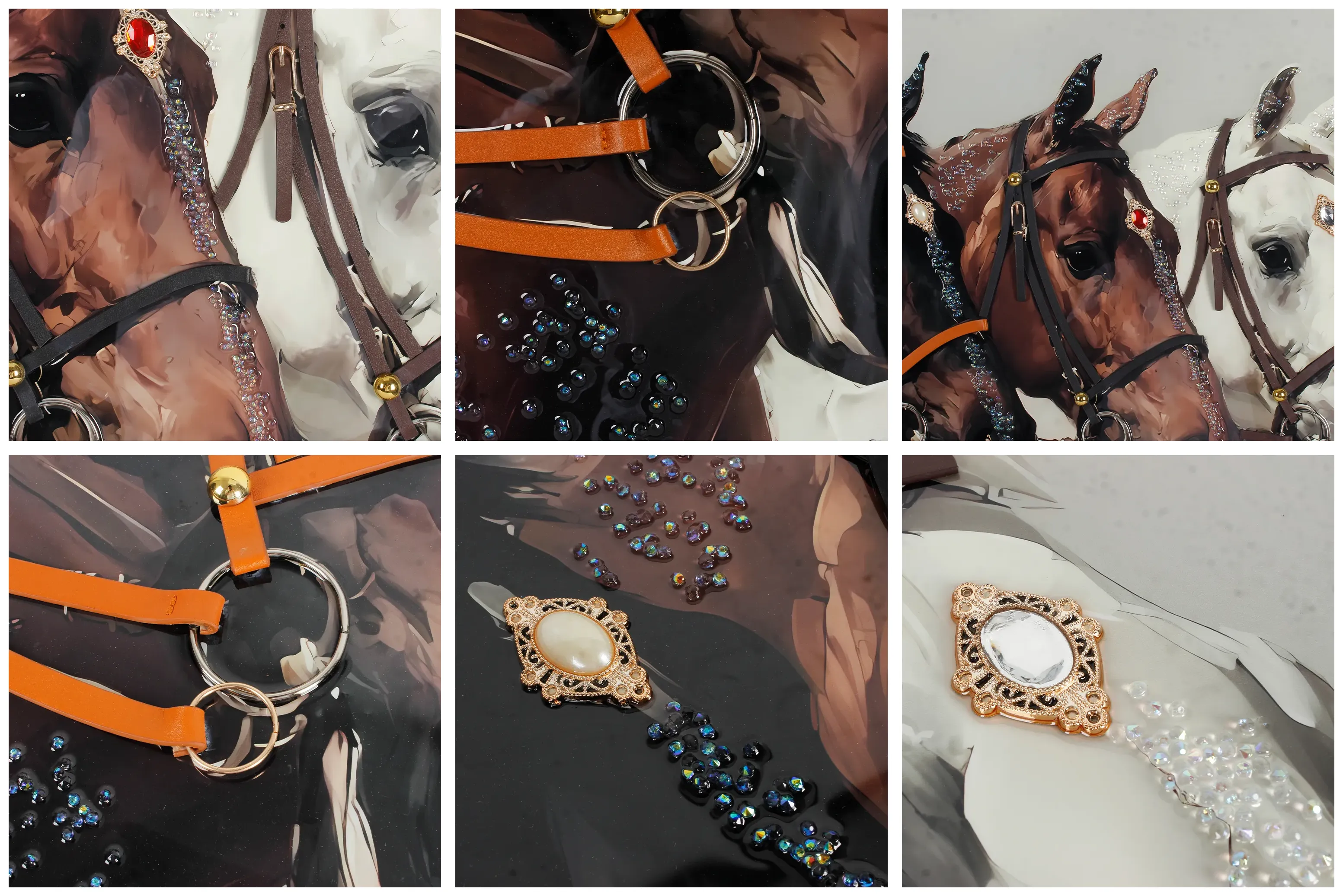 Horse head close-up, hand inlaid crystal details, craftsmanship of luxury 3D wall art