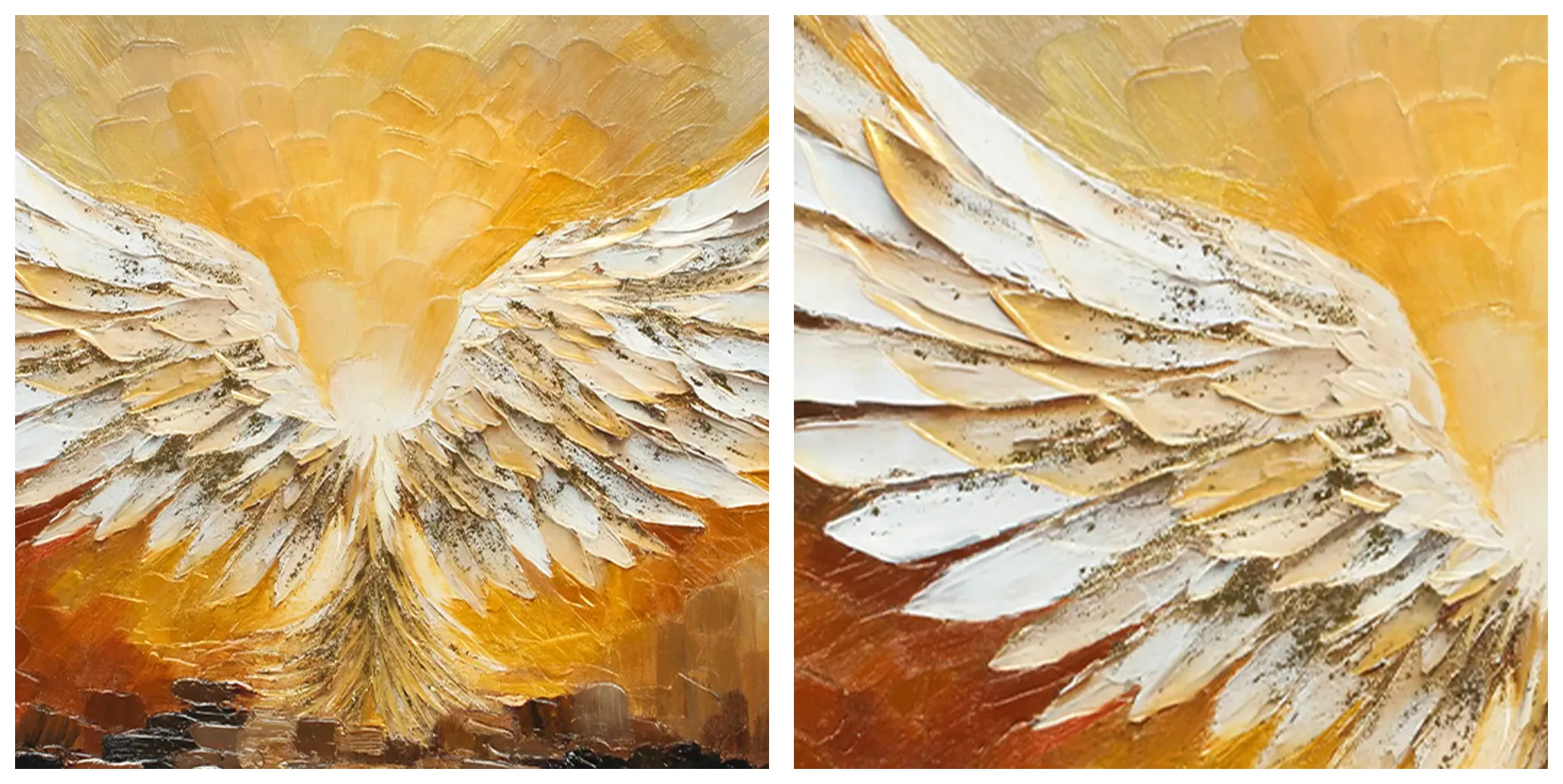 Wing partial detail, thick paint texture with subtle gold speckles, hand-painted canvas texture     Full artwork close-up, layered 3D feather texture, warm tone impasto oil painting craft display