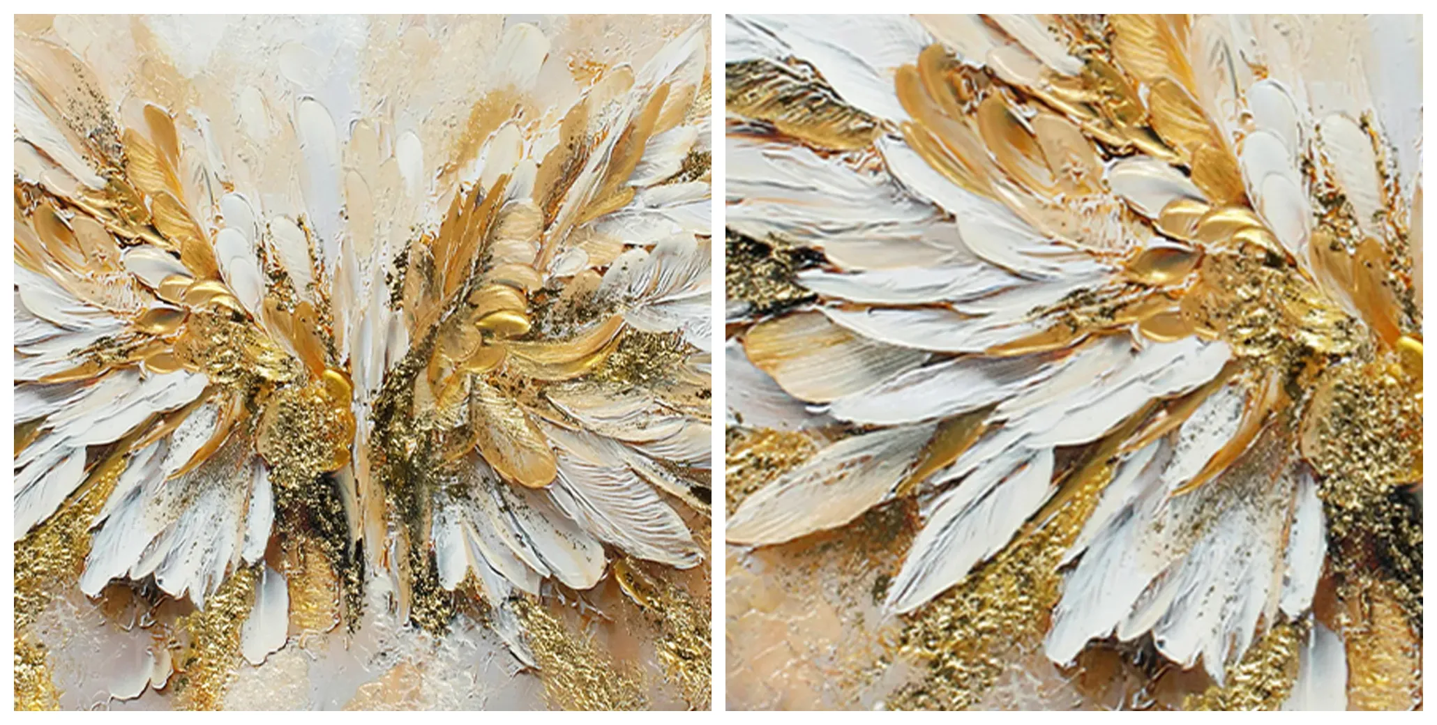 Partial detail of wing artwork, raised paint texture with fine gold foil   Close-up shot of wing painting, layered feather texture and handmade gold flakes