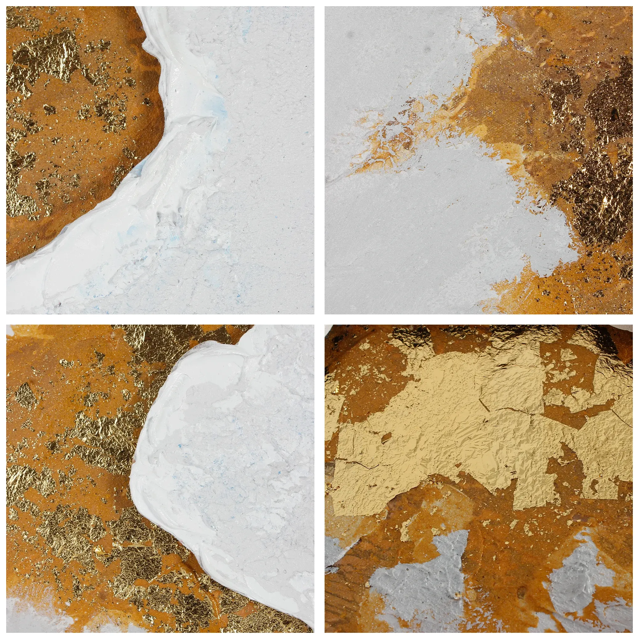 Close-up of handmade relief canvas, gold leaf and uneven texture details