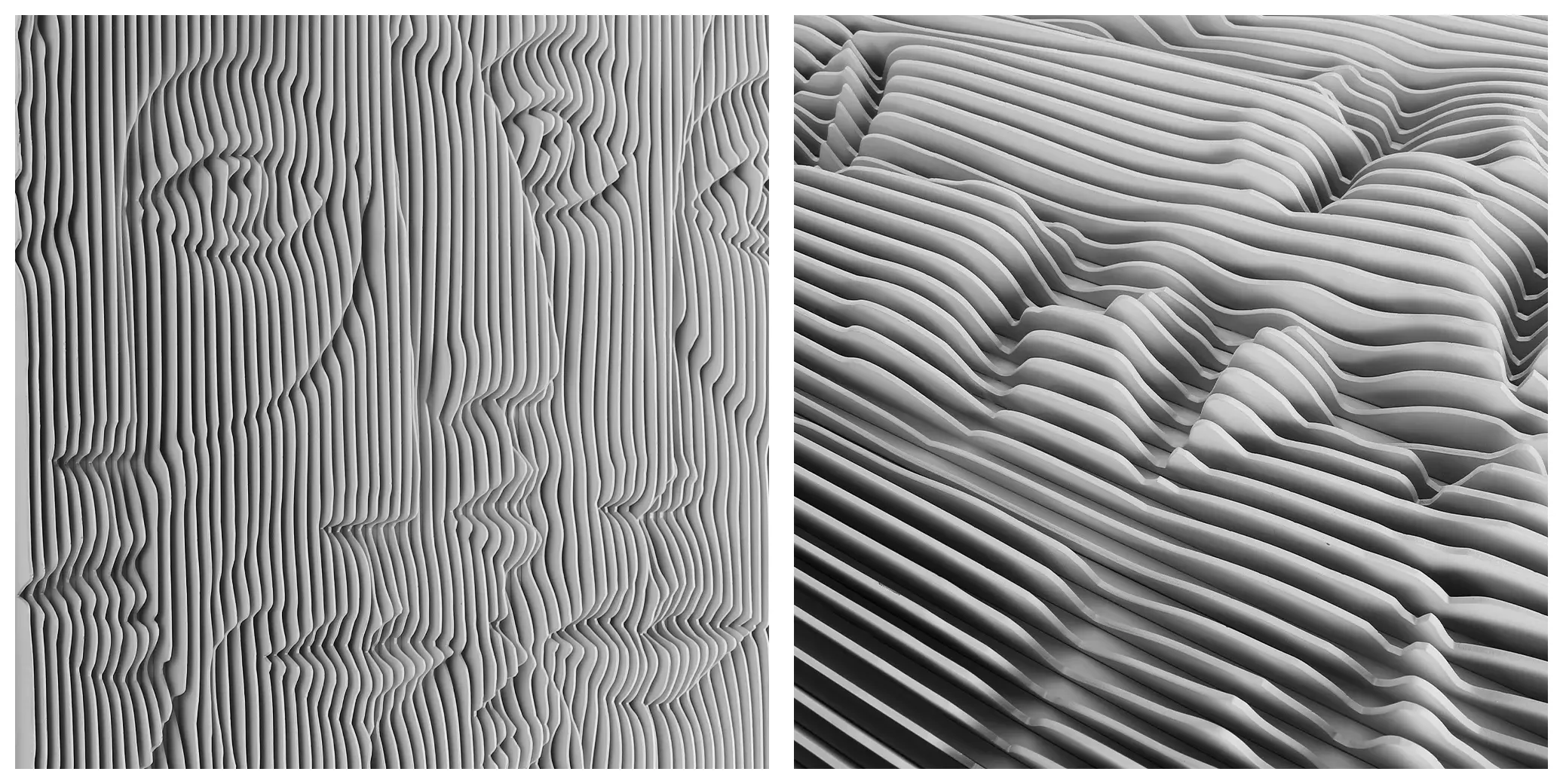Close-up texture of vertical striped 3D face relief wall sculpture
