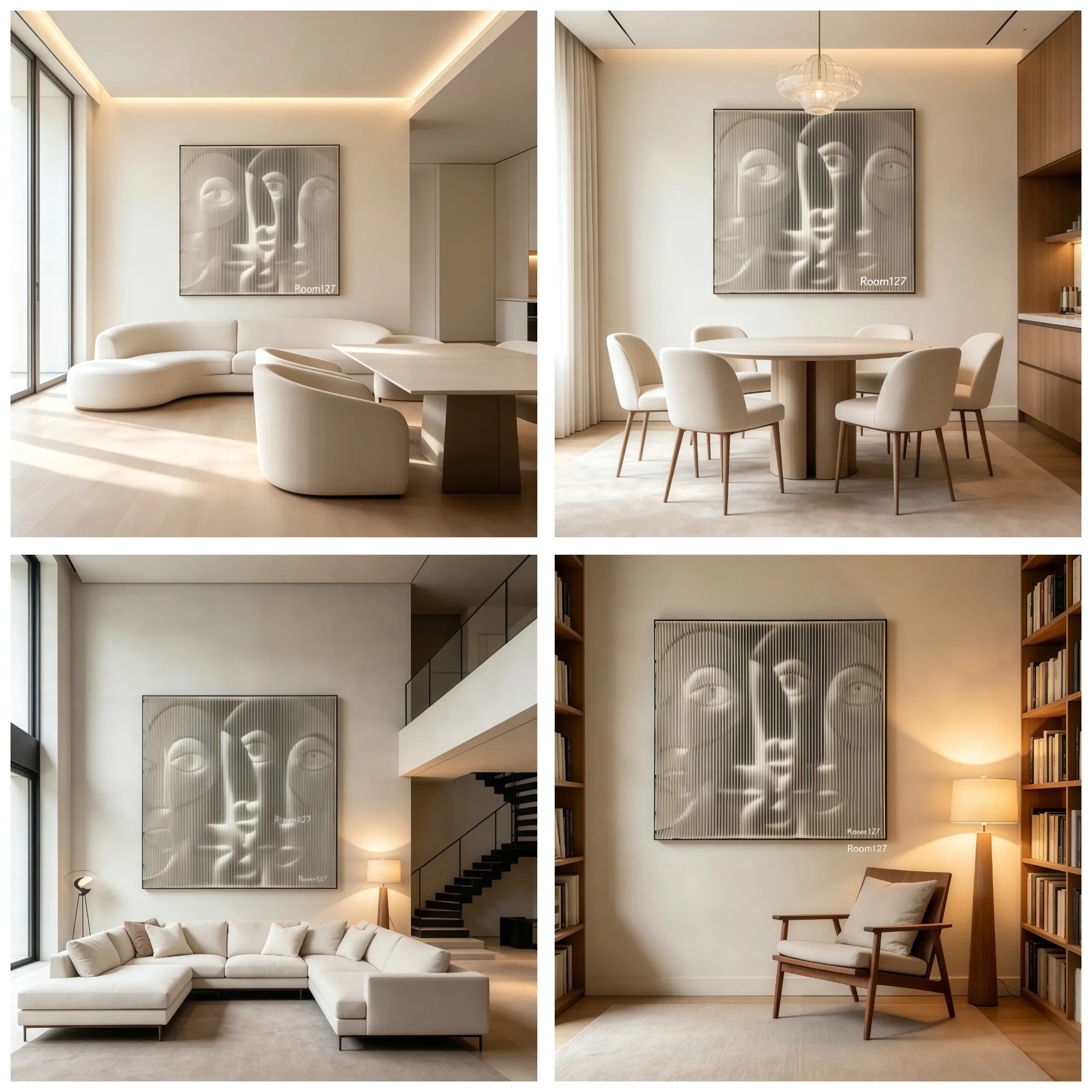 Square relief artwork in open-plan living and dining area 3D relief face wall art installed in cream minimalist living room