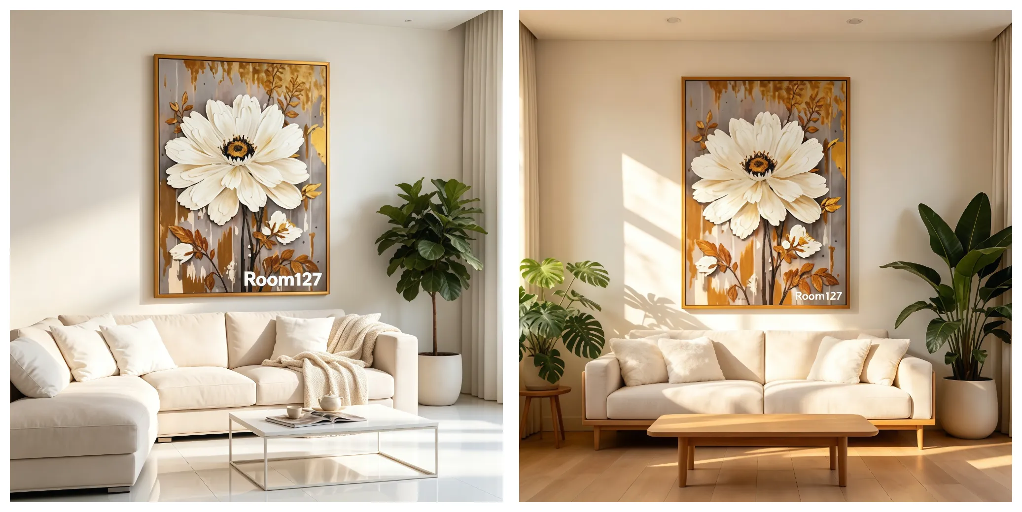 Impasto gold‑leaf floral oil painting above cream sofa in living room