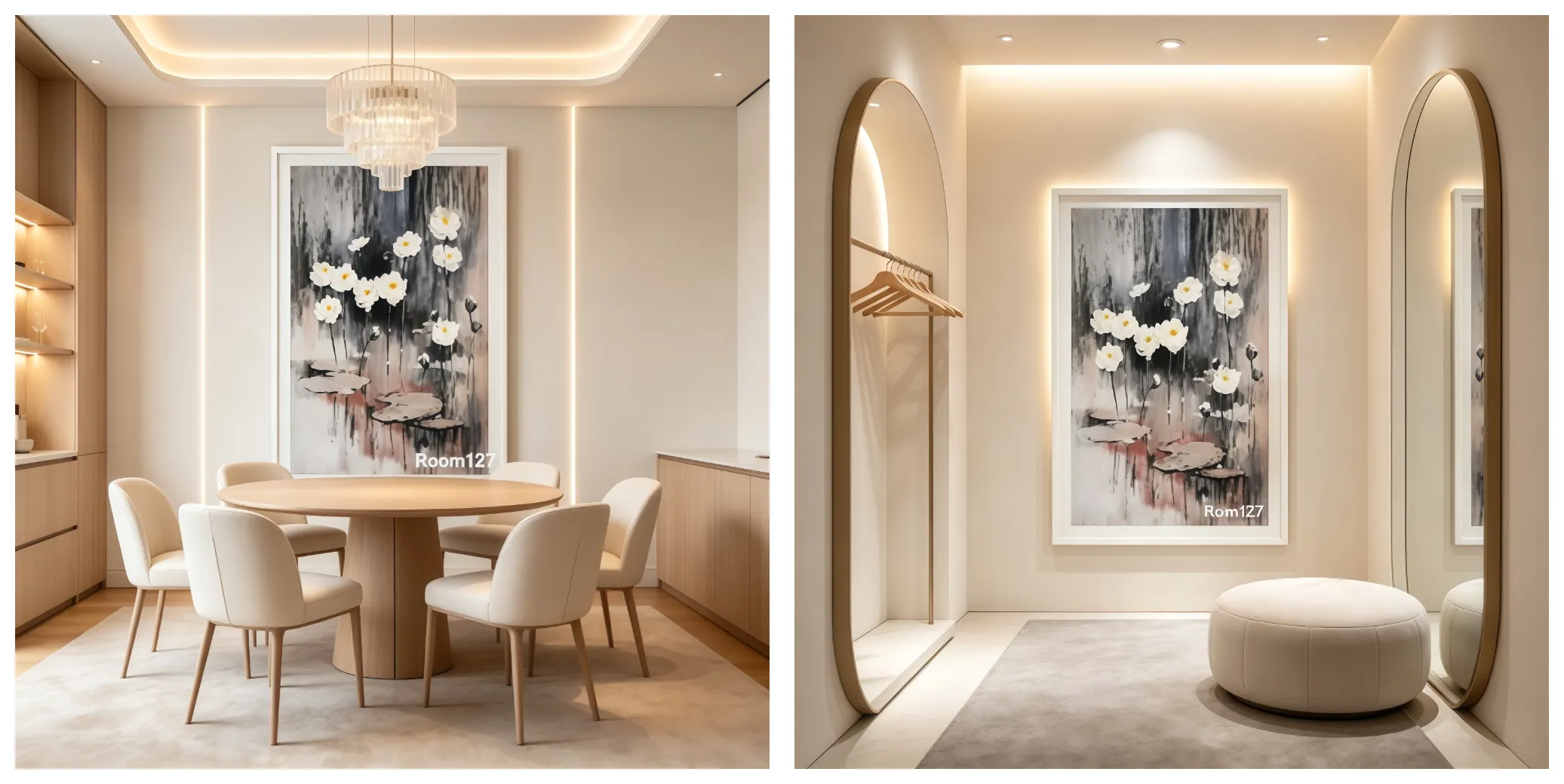 Vertical lotus wall decor inside wood‑toned luxury dining room