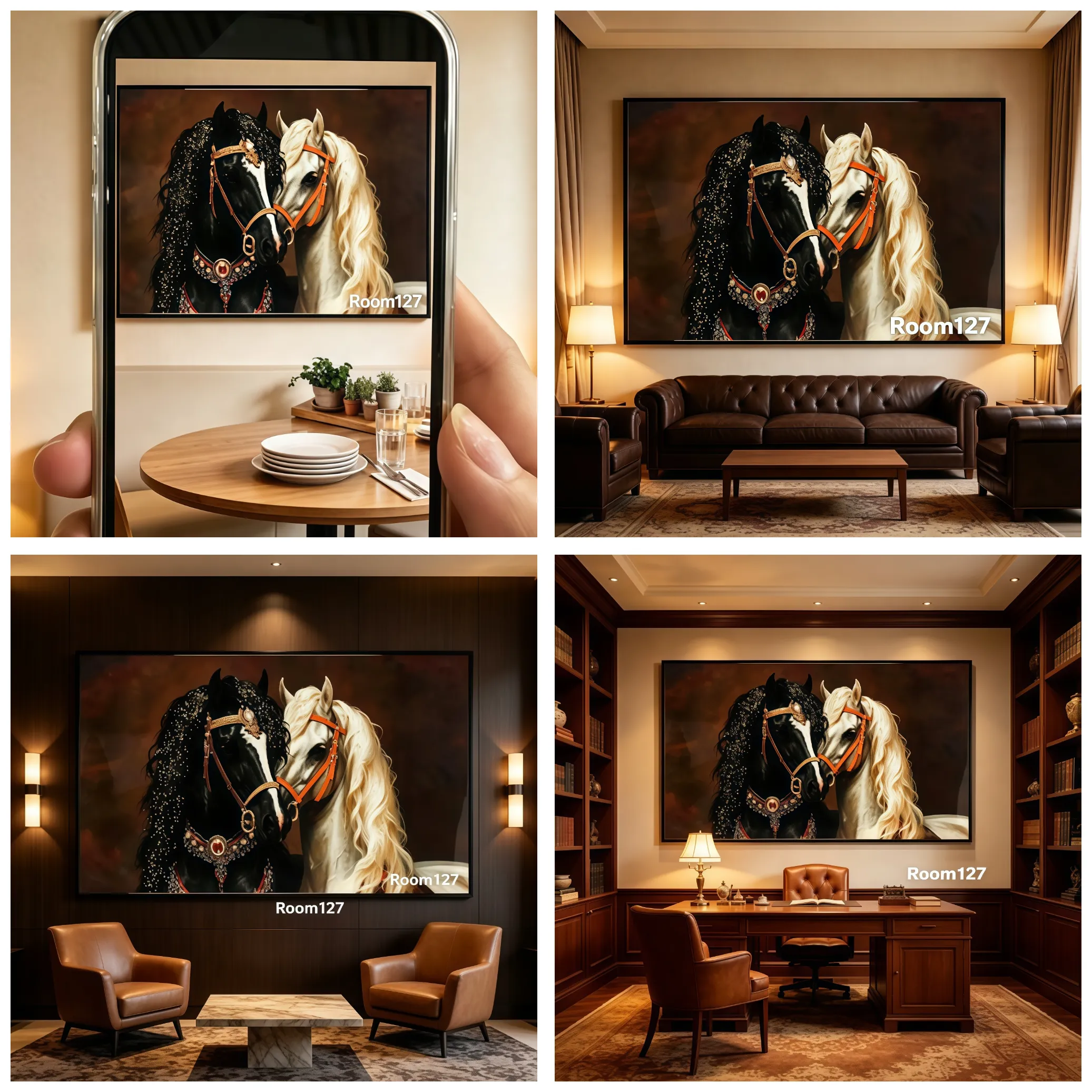 A large black and white horse painting hangs above a dark brown tufted leather Chesterfield sofa in a classic living room. Two brass table lamps flank the sofa, beige curtains frame the scene, and a patterned vintage rug covers the floor.