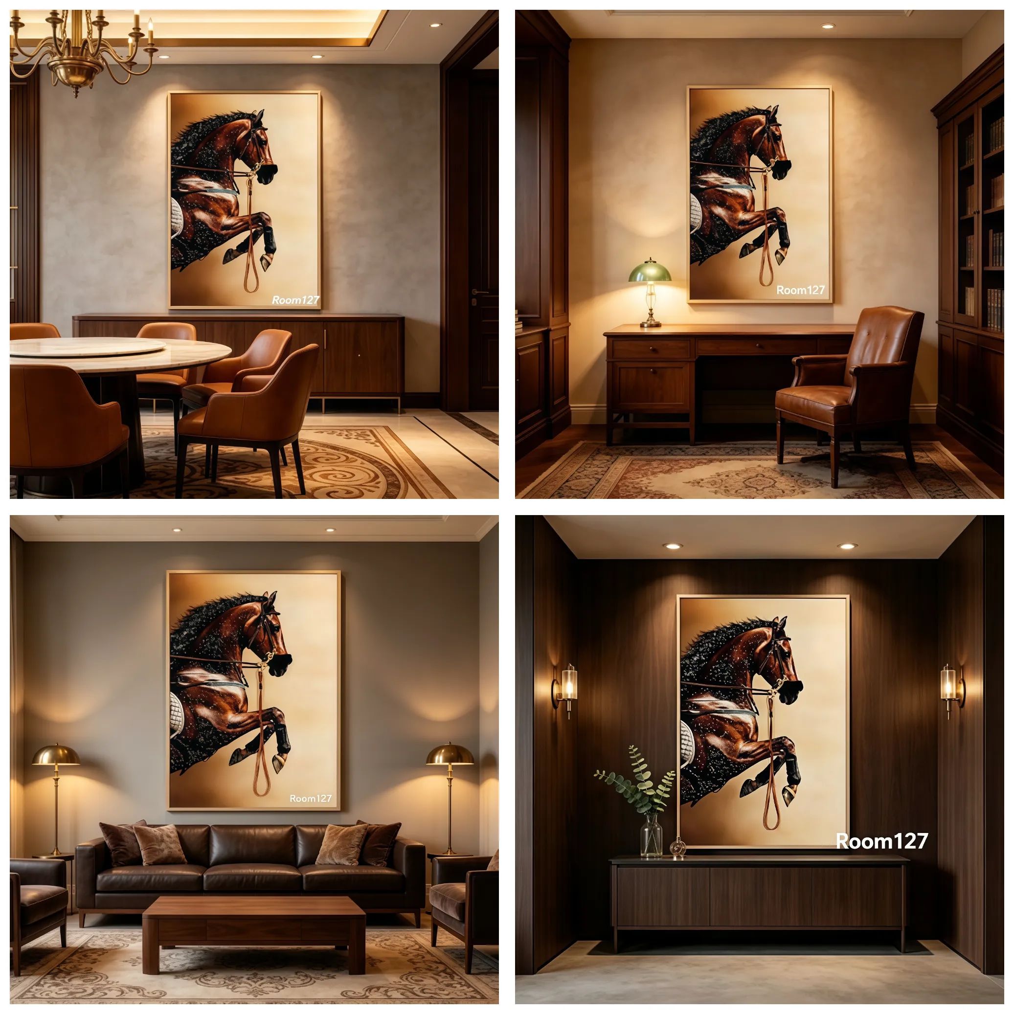 A vertical rearing brown horse painting with crystal details hangs above a wooden sideboard in an elegant dining room. Brown leather dining chairs surround a marble-top round table, with a brass chandelier overhead and patterned rug below.