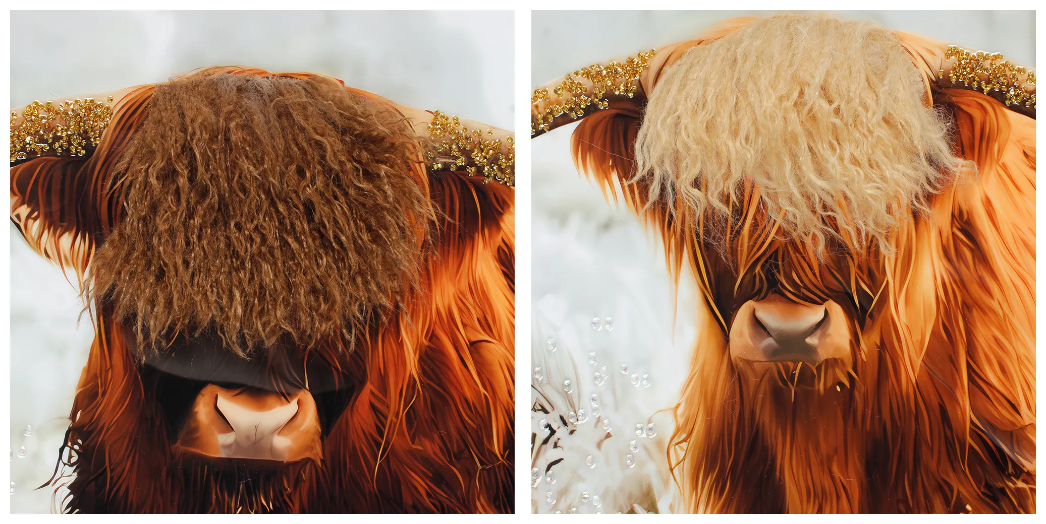 Craft close‑up shot. Partial view of highland cow with pale cream fur. Golden beaded decorations follow horn contour, clear rhinestones scattered over background. Printed base blends with hand‑applied ornaments, soft palette fits light‑toned interiors.