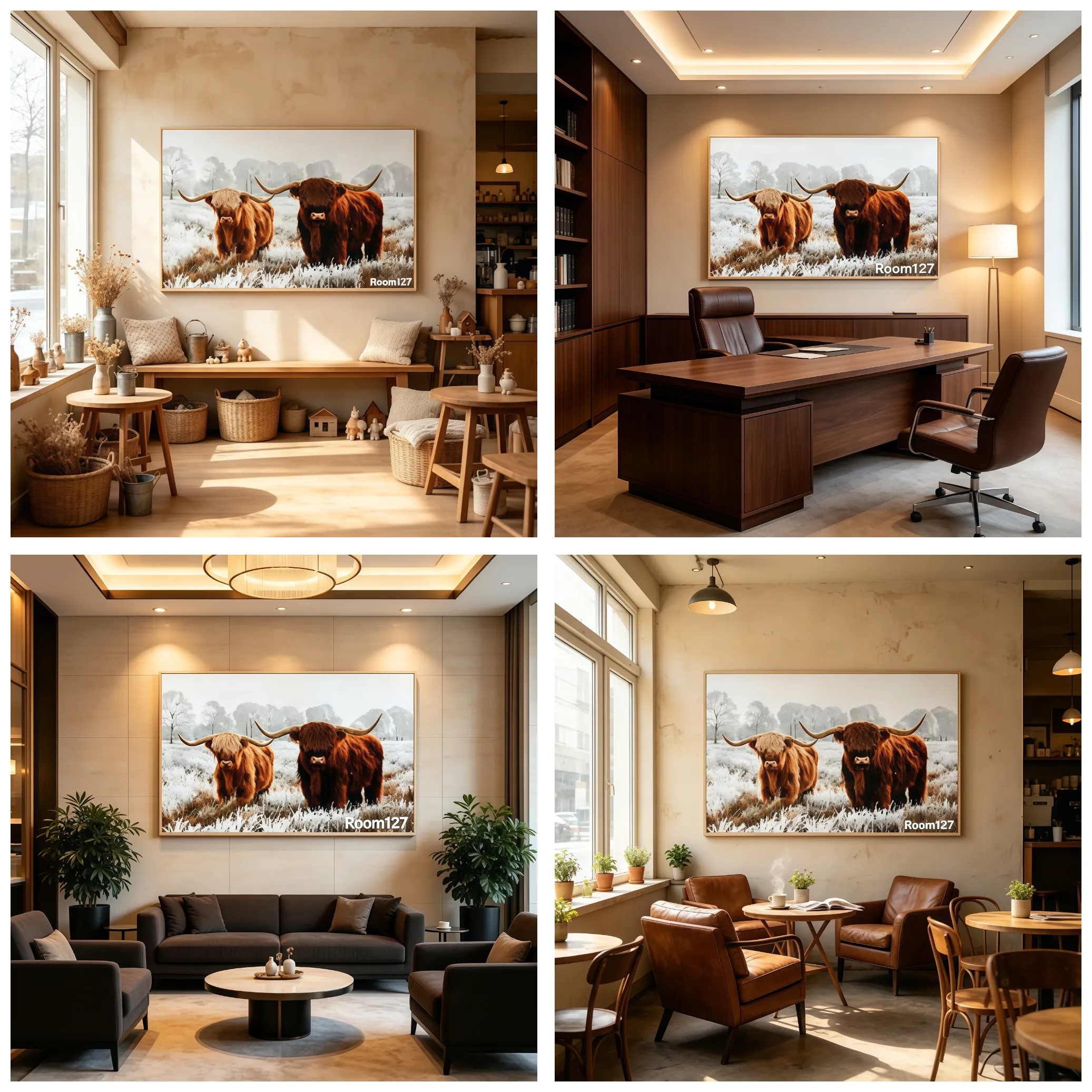  Country‑style lounge space. Distressed texture wall, dried flowers and woven baskets create rustic atmosphere. Highland‑cow artwork serves as visual focal point. Perfect for guesthouse lounge zones and country‑style home living rooms.