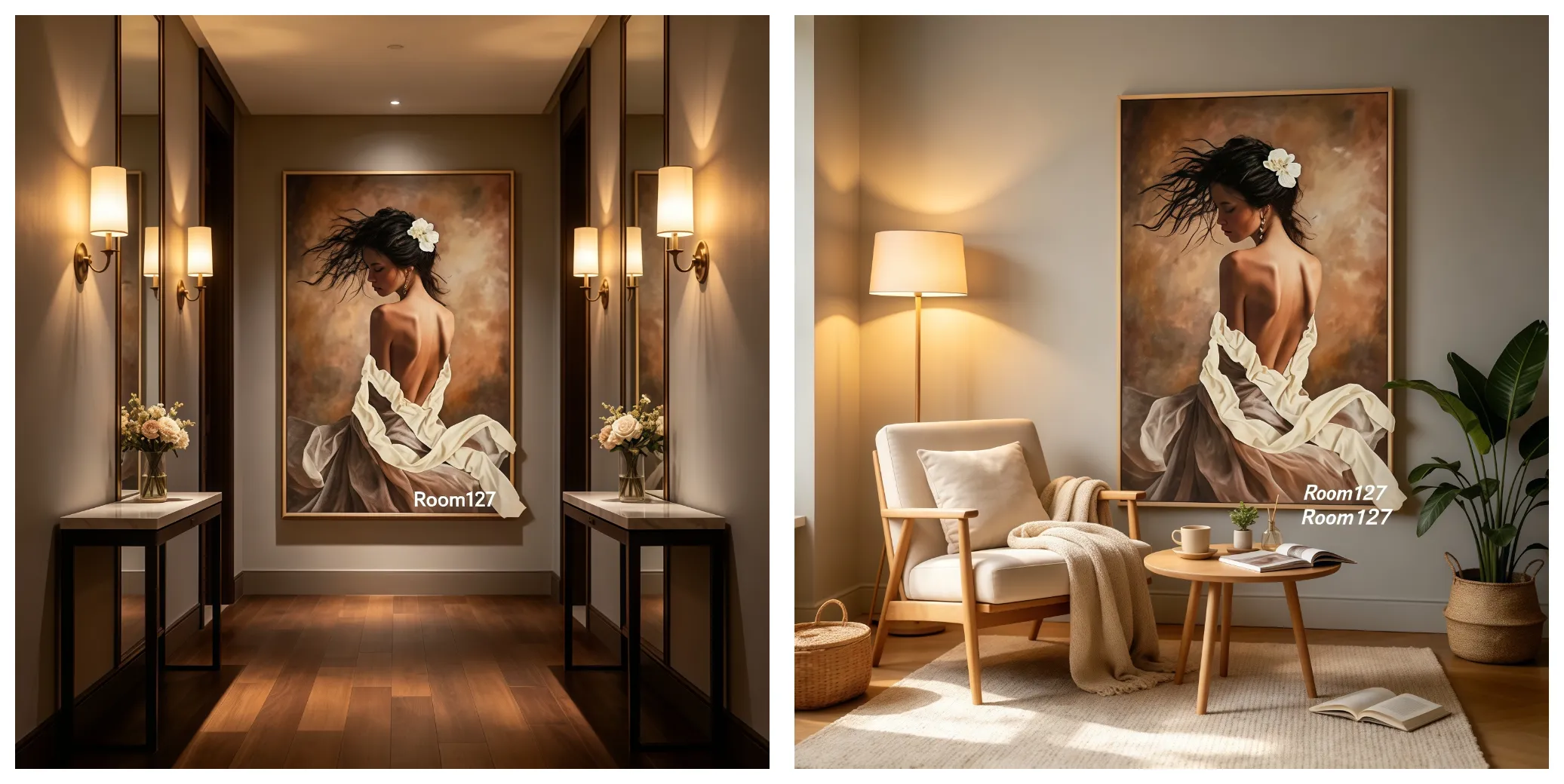Hotel hallway real installation, new vertical portrait wall art, wall sconces and mirror, commercial interior display