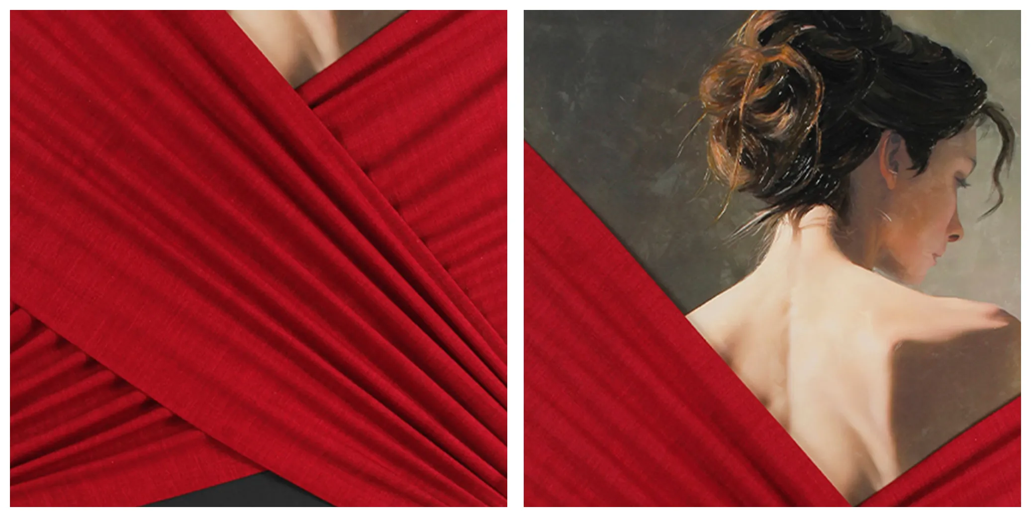 Oil‑painting close‑up of figure wall art, hand‑painted impasto texture, lady’s updo hair and back skin brush‑stroke detail
