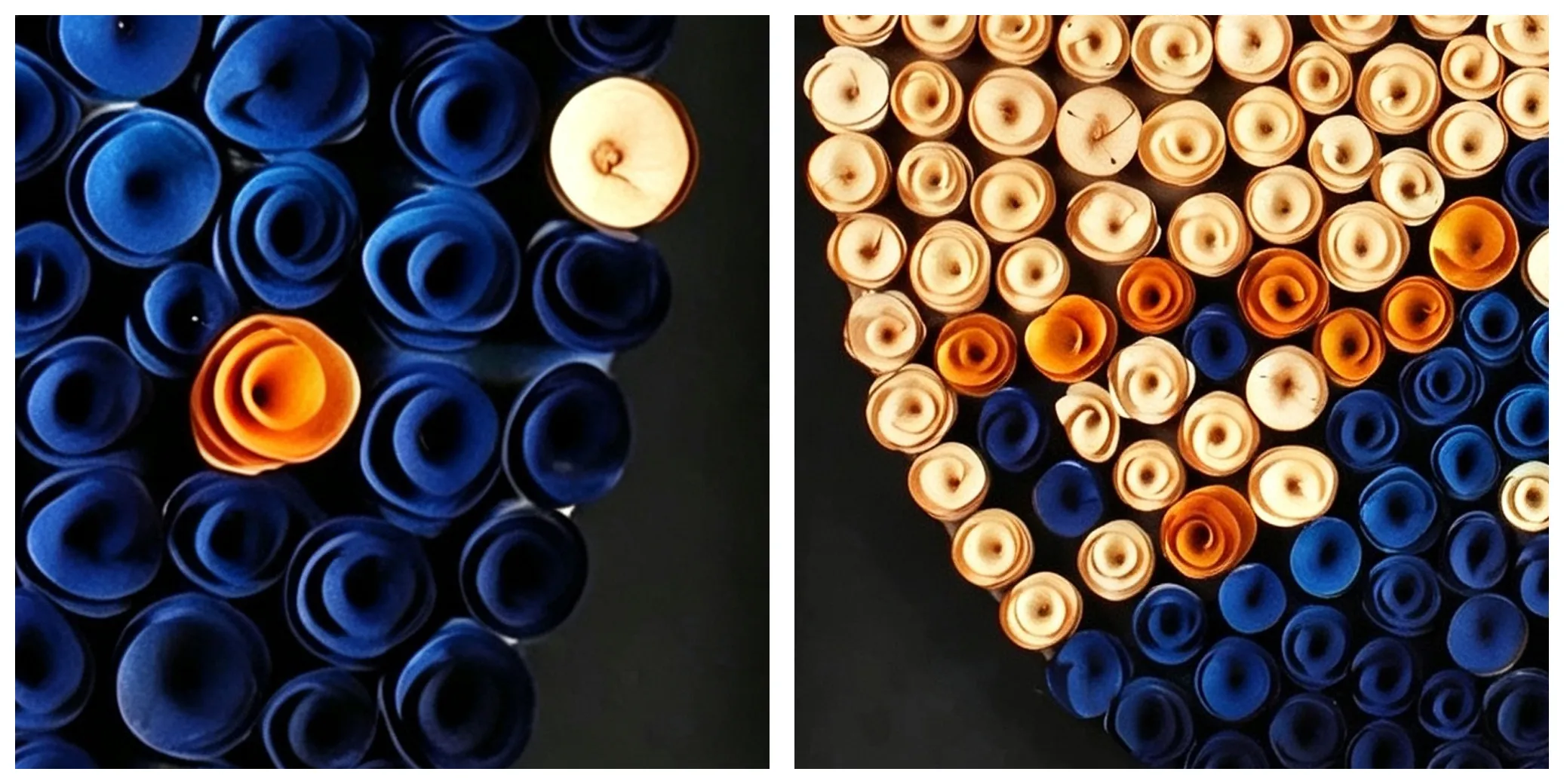 Close‑up of 3D wall decor, deep‑blue rolled‑shape component texture with orange accent, stacked component craft, raised texture detail