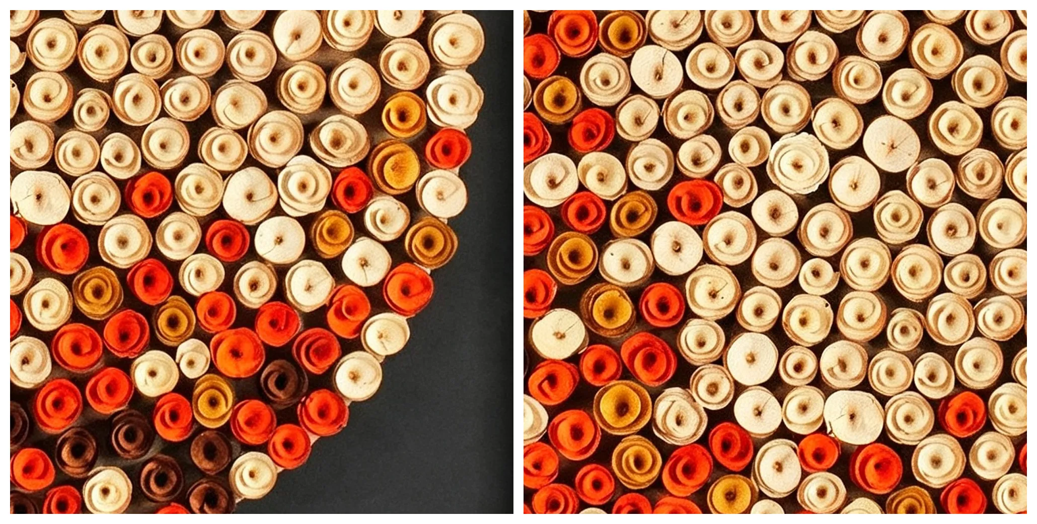 Close‑up detail of circular rolled‑structure wall art, stacked ring‑shaped components, cream orange‑red umber color gradient, hand‑crafted raised texture